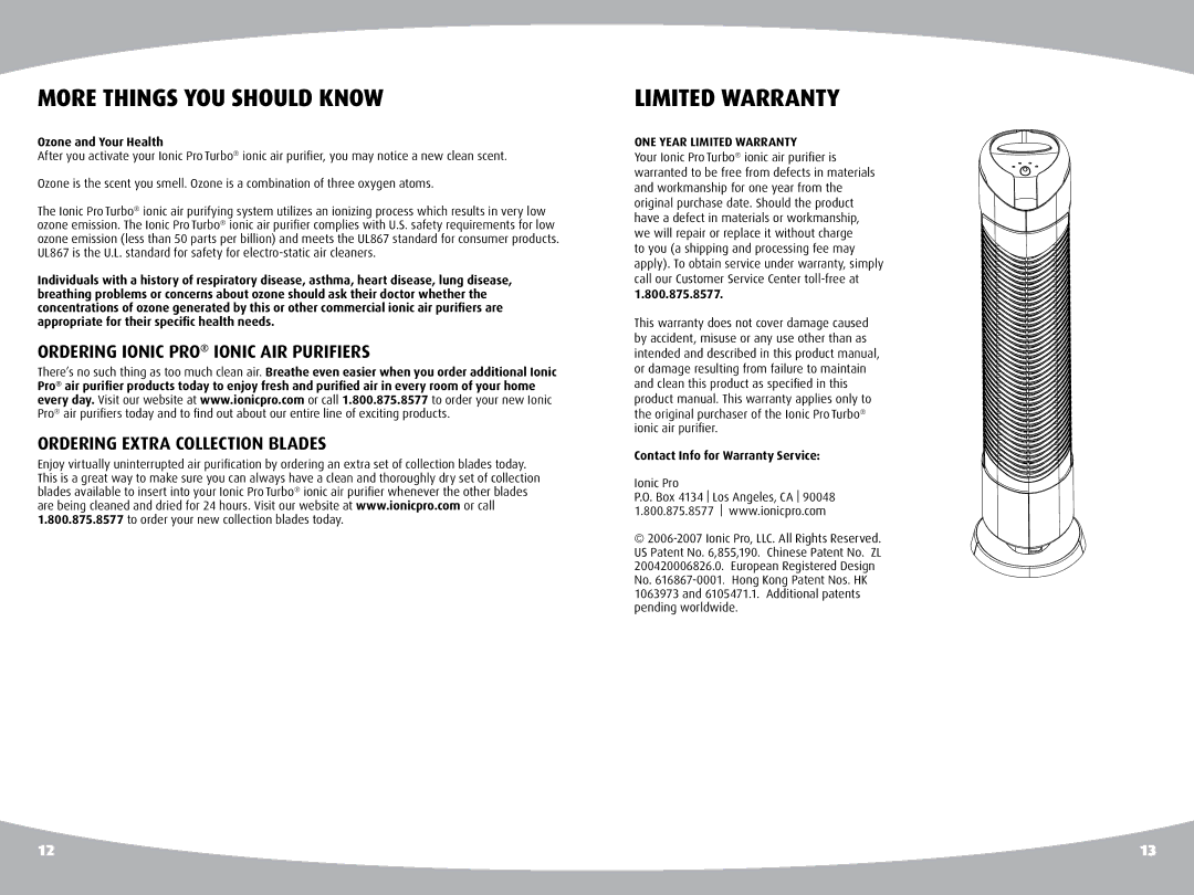 Ionic Pro TURBO manual More Things YOU should Know, Limited Warranty, Ordering Ionic PRO Ionic AIR Purifiers 