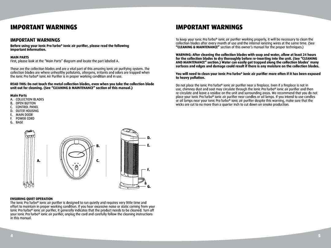 Ionic Pro TURBO manual Important Warnings, Main Parts, Ensuring Quiet Operation 