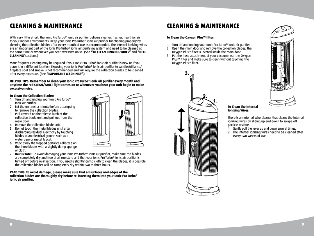 Ionic Pro TURBO manual Cleaning & Maintenance, To Clean the Collection Blades, To Clean the Oxygen Plus filter 