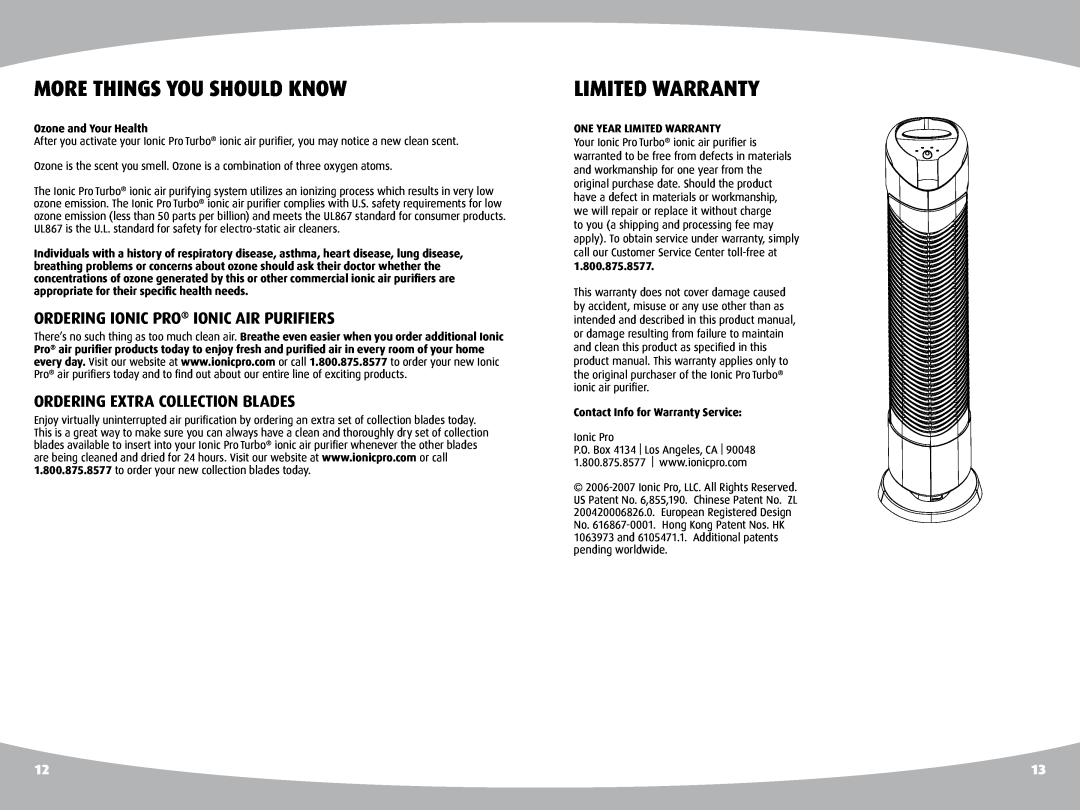 Ionic Pro TURBO manual More Things You Should Know, Ozone and Your Health, ONE YEAR limited WARRANTY, 1.800.875.8577 