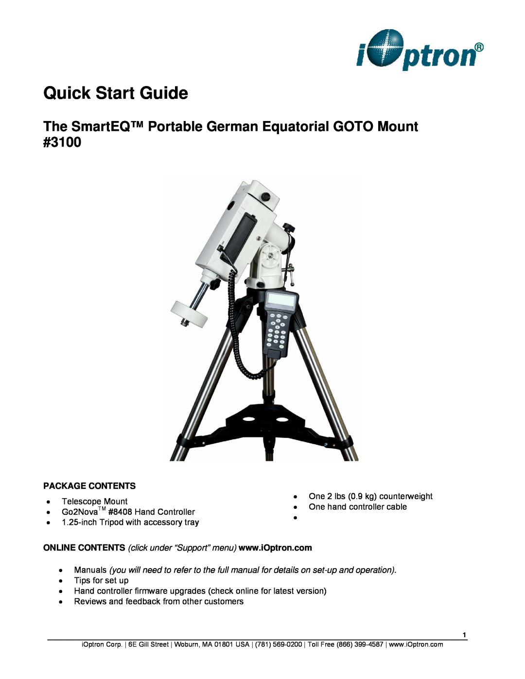 iOptron quick start Package Contents, Quick Start Guide, The SmartEQ Portable German Equatorial GOTO Mount #3100 