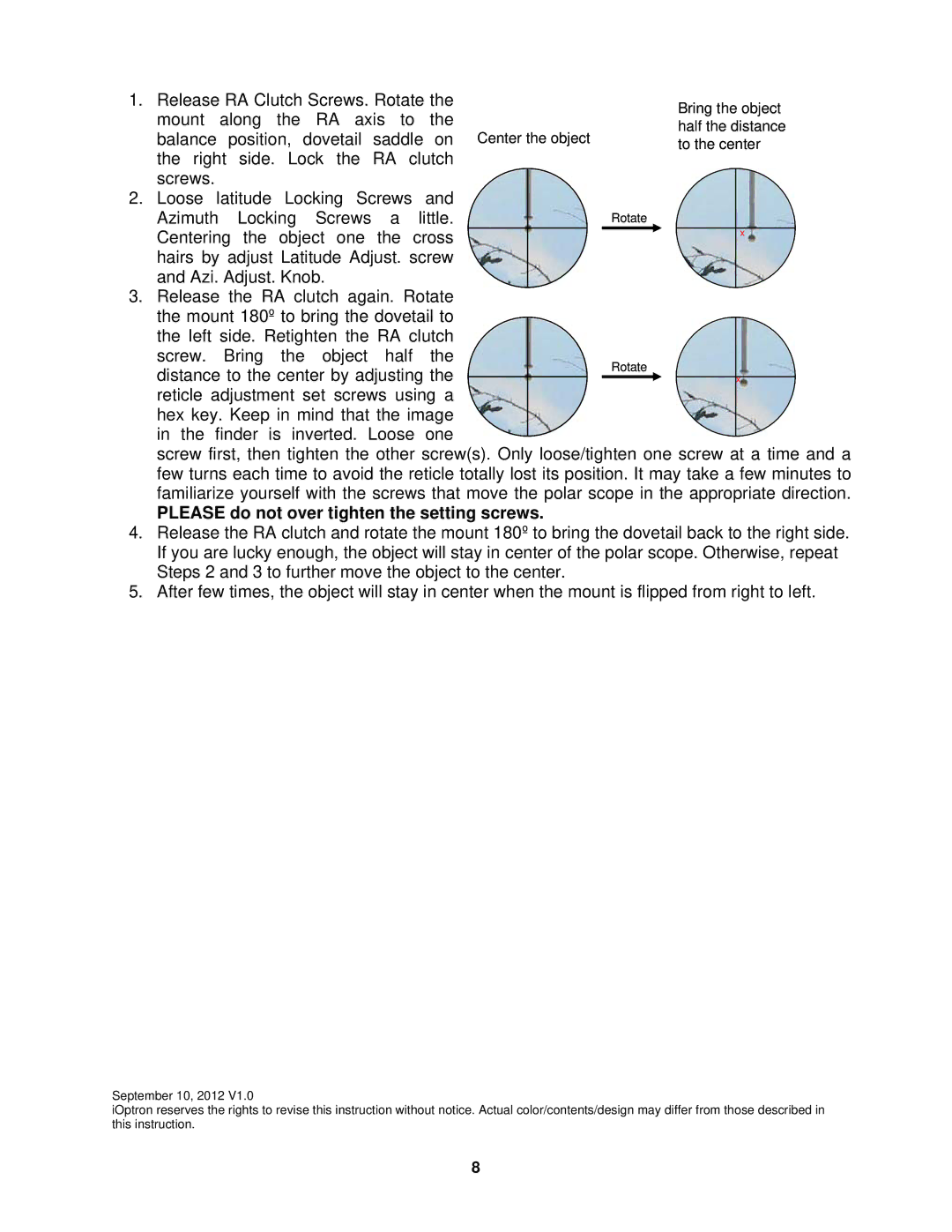 iOptron 3130 user manual Please do not over tighten the setting screws 