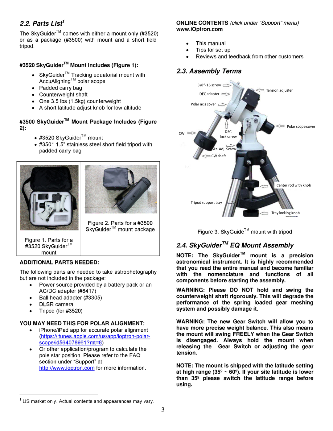 iOptron #3500 Parts List1, Assembly Terms, SkyGuiderTM EQ Mount Assembly, #3520 SkyGuiderTM Mount Includes Figure 