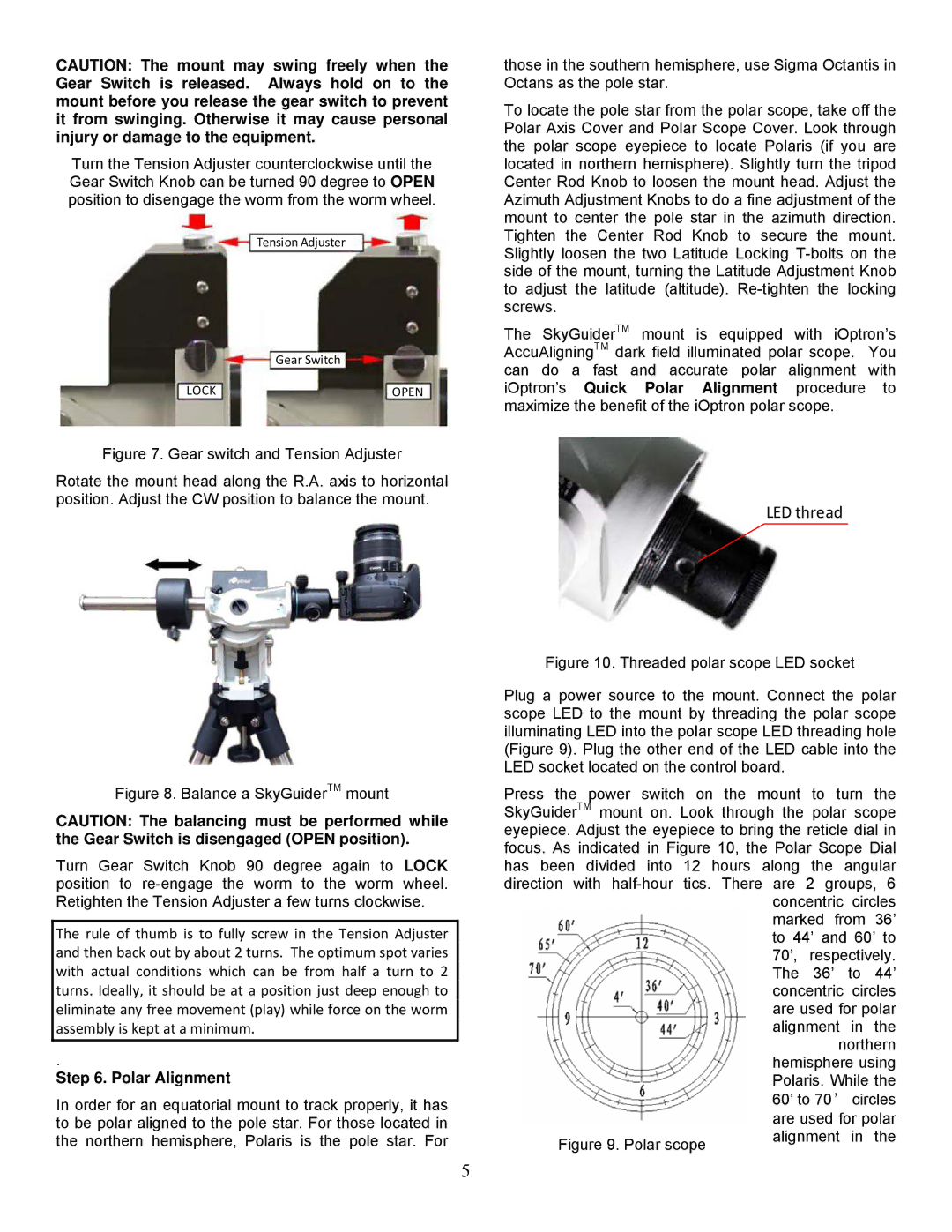 iOptron #3500, #3520 instruction manual LED thread, Polar Alignment 