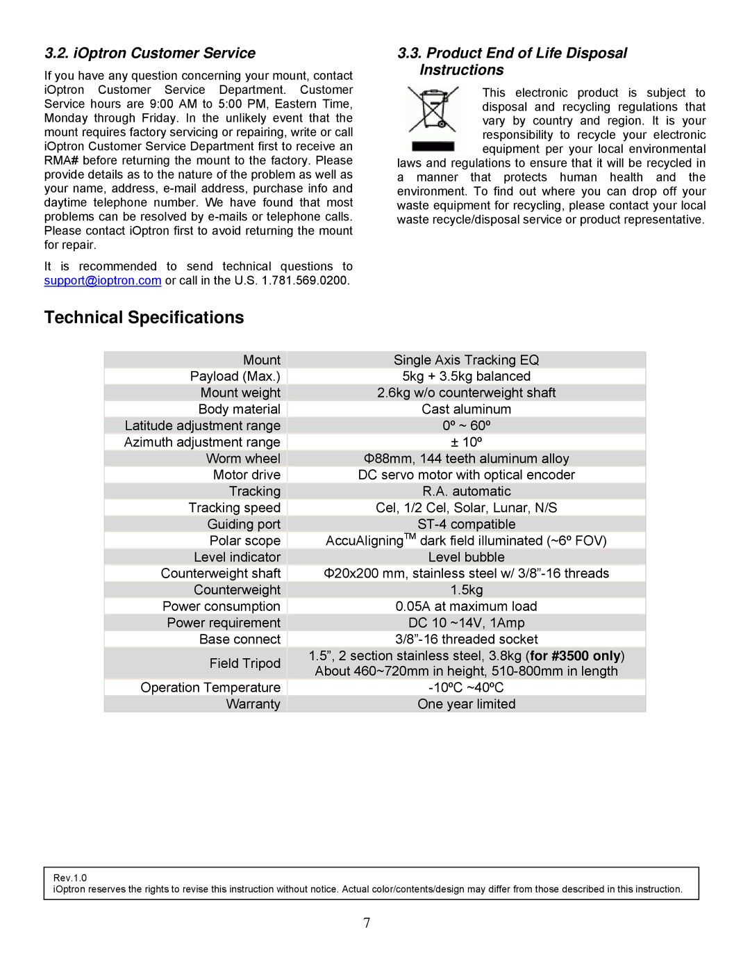 iOptron #3500, #3520 Technical Specifications, IOptron Customer Service, Product End of Life Disposal Instructions 