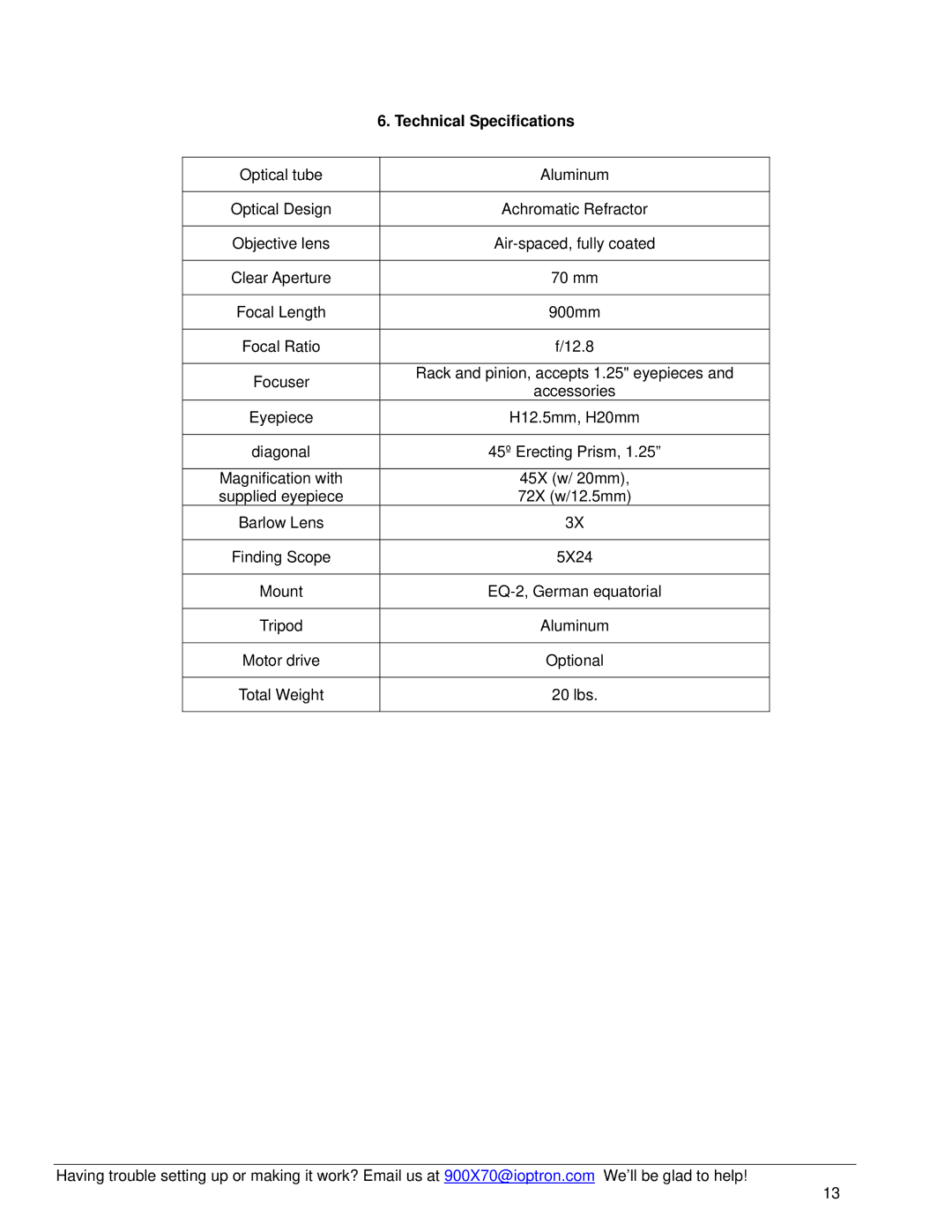 iOptron 6001, 6002 instruction manual Technical Specifications 