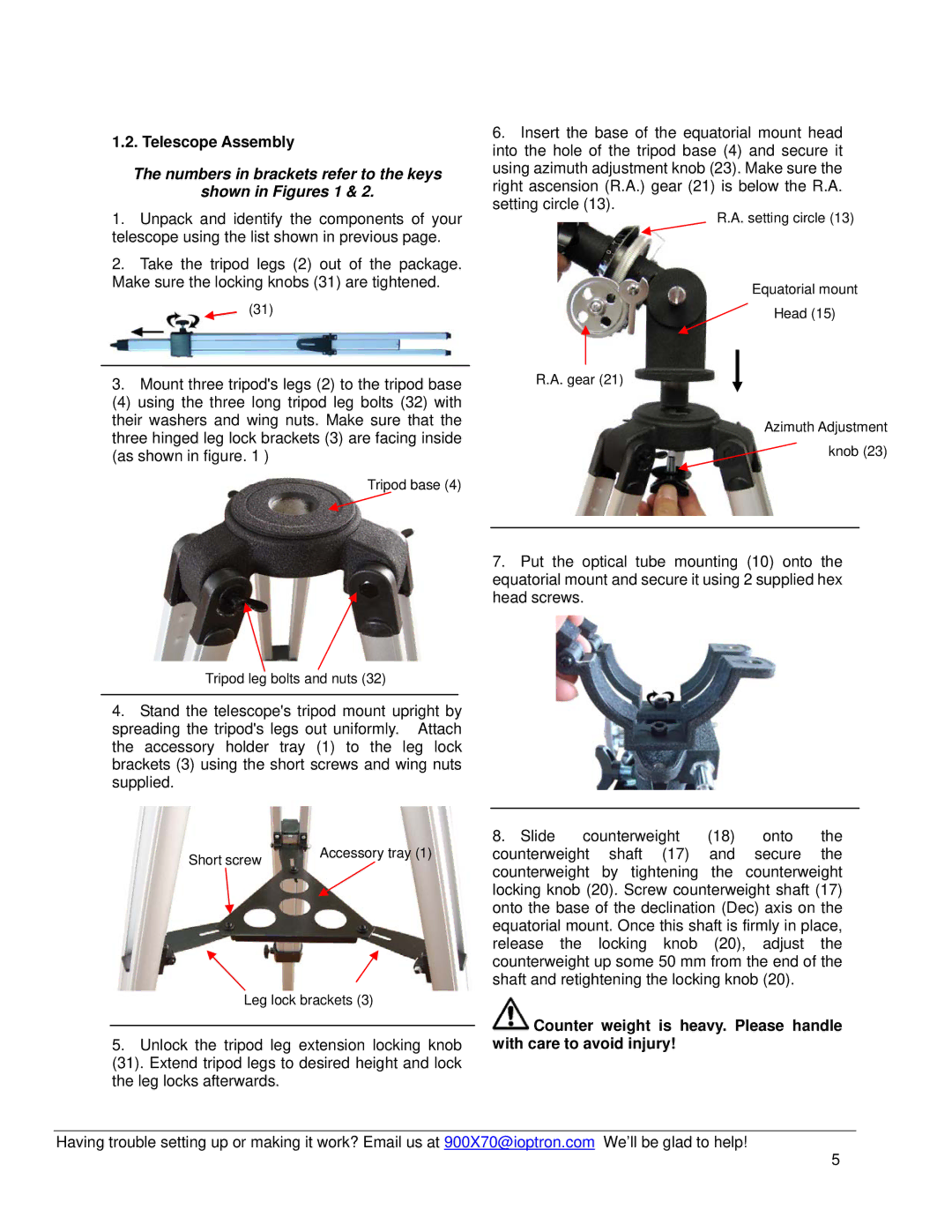 iOptron 6001, 6002 instruction manual Telescope Assembly, Numbers in brackets refer to the keys Shown in Figures 1 