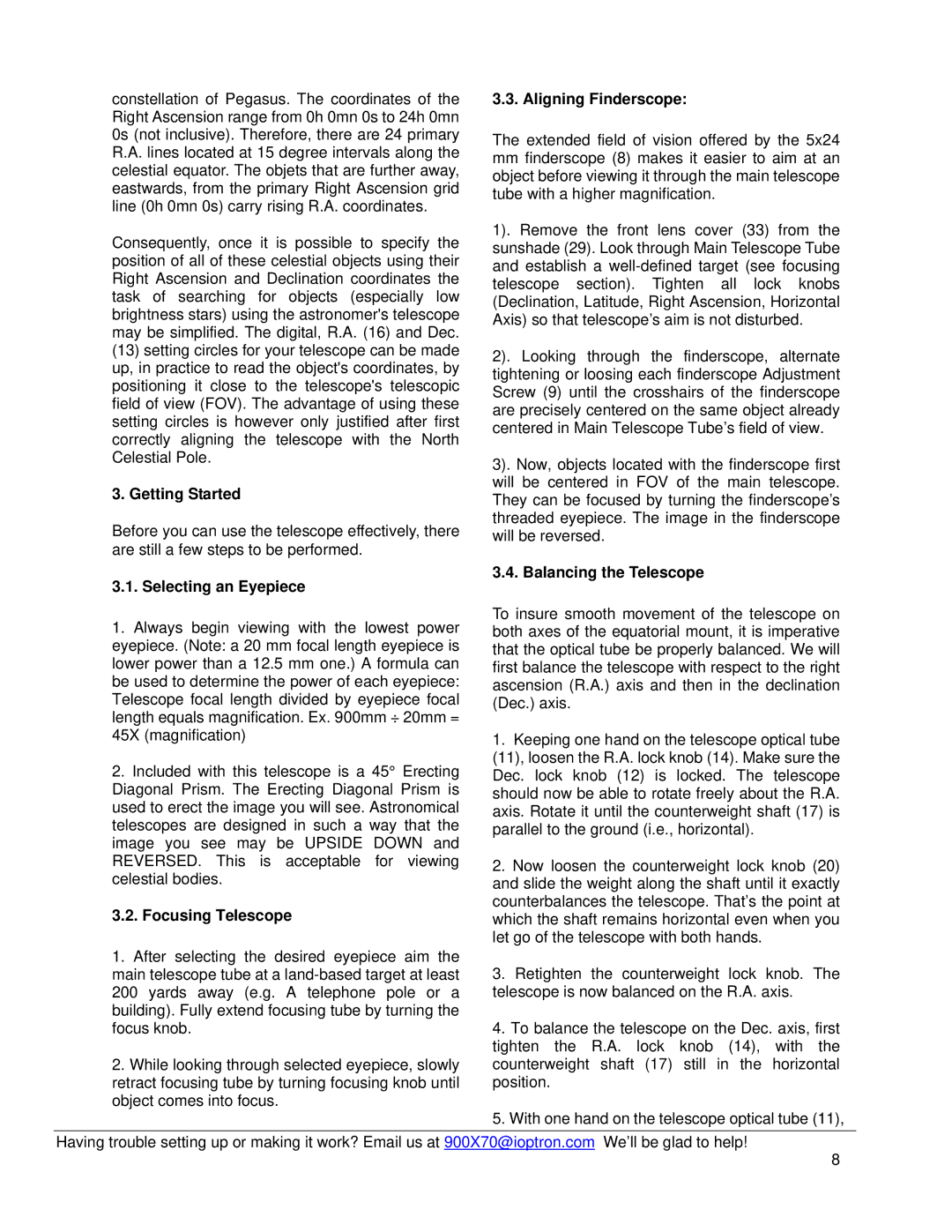 iOptron 6002 Getting Started, Selecting an Eyepiece, Focusing Telescope, Aligning Finderscope, Balancing the Telescope 