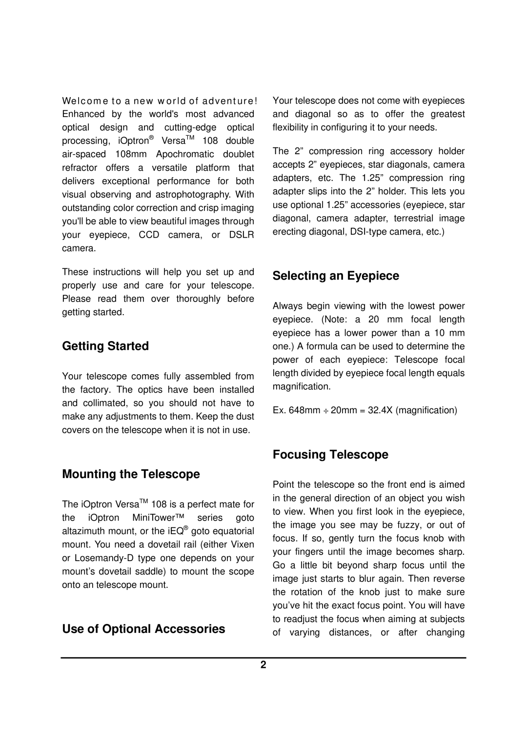 iOptron 6102 instruction manual Getting Started, Selecting an Eyepiece, Mounting the Telescope 