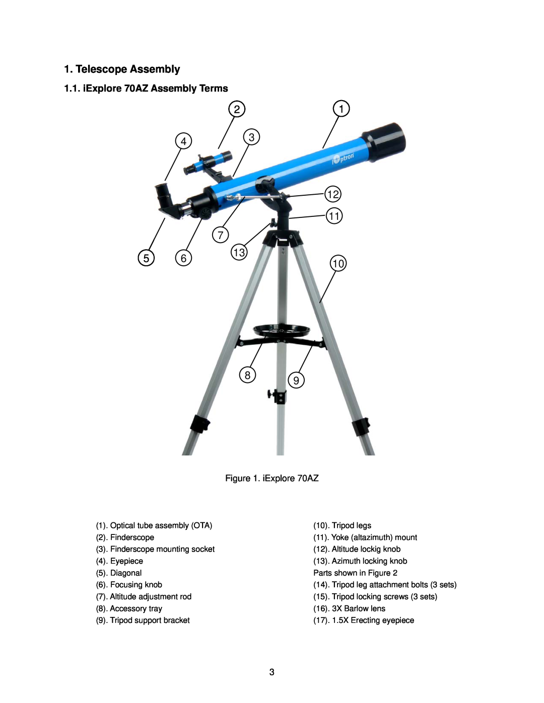 iOptron instruction manual Telescope Assembly, iExplore 70AZ Assembly Terms 