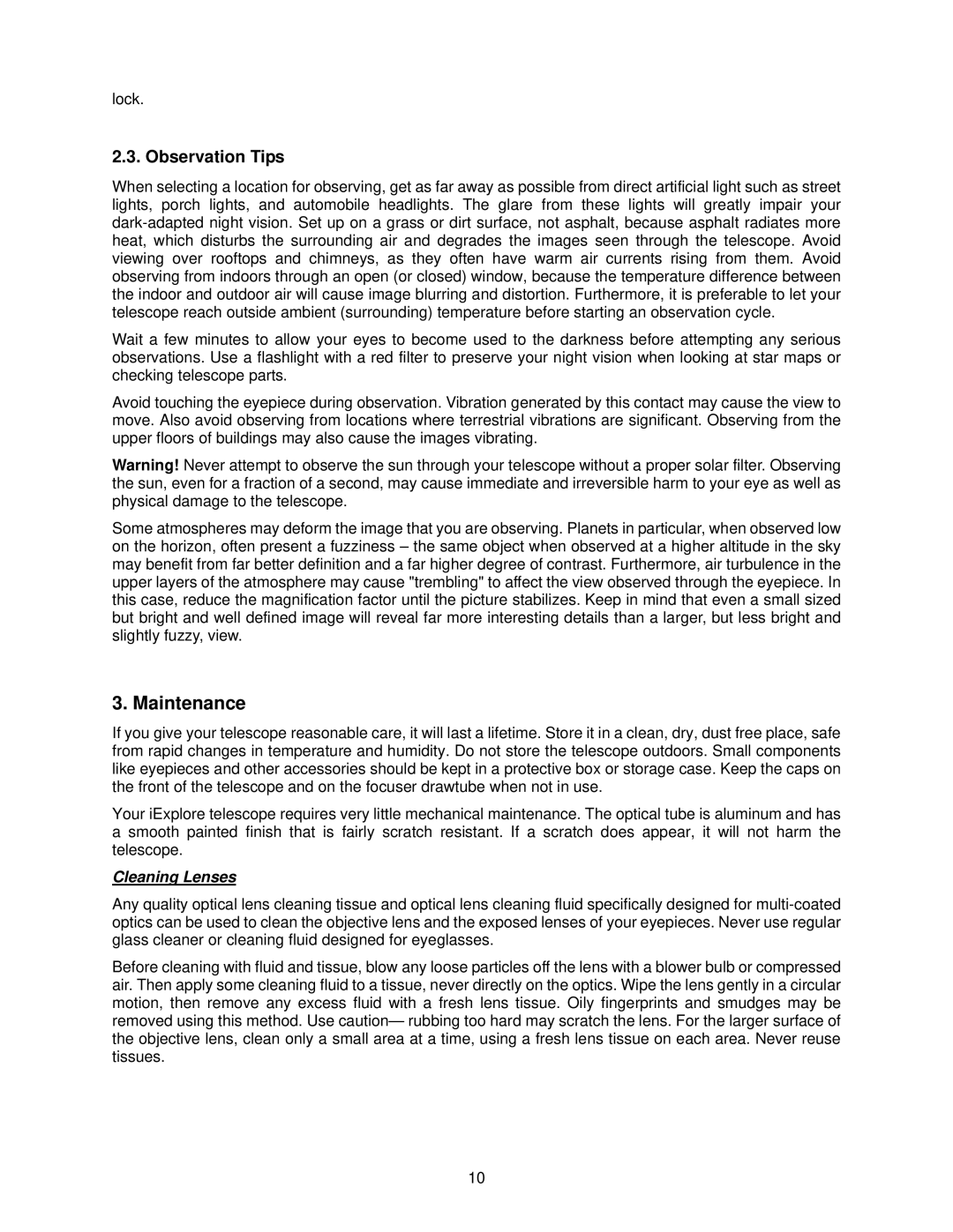 iOptron 70AZ instruction manual Maintenance, Observation Tips, Cleaning Lenses 