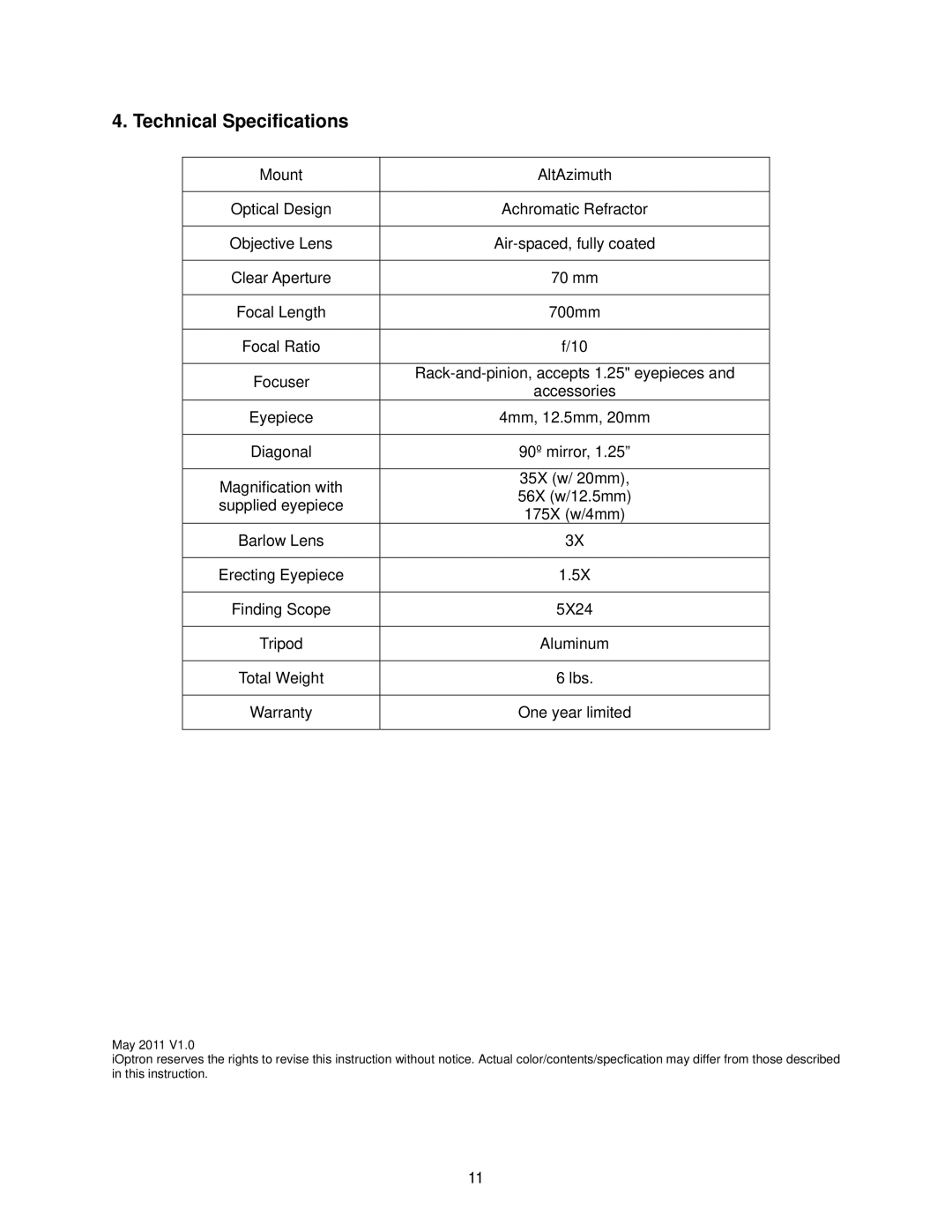 iOptron 70AZ instruction manual Technical Specifications 