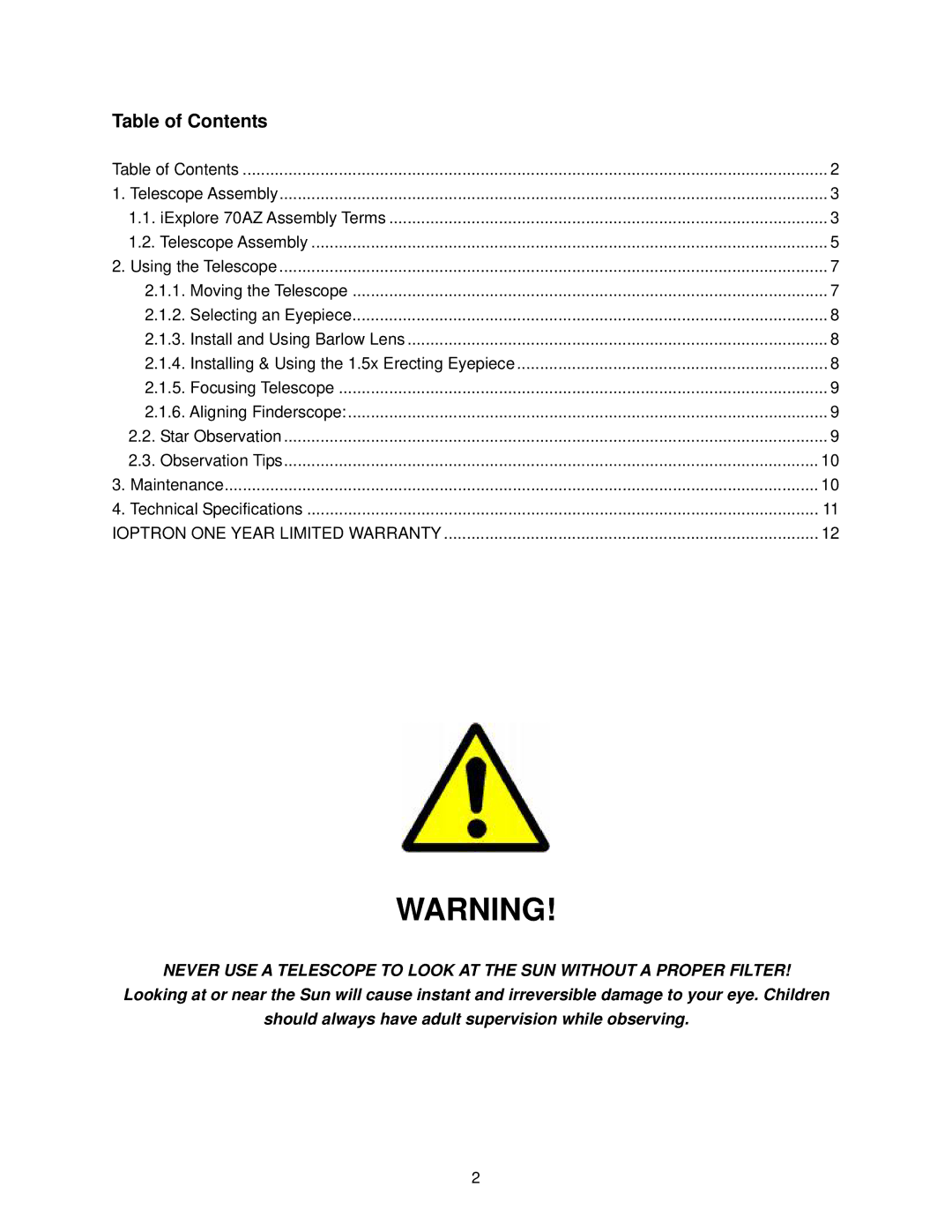 iOptron 70AZ instruction manual Table of Contents 