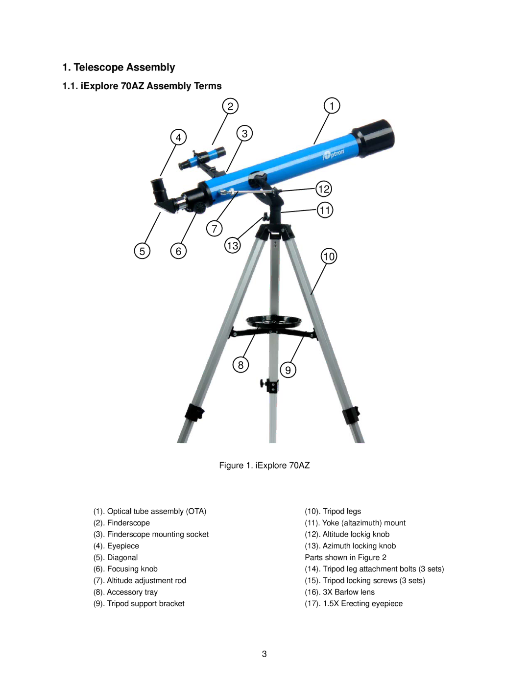 iOptron instruction manual Telescope Assembly, IExplore 70AZ Assembly Terms 