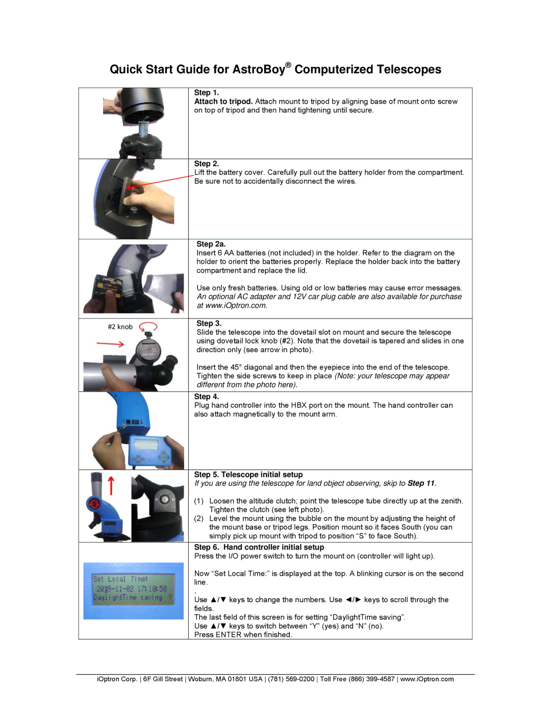 iOptron 70E quick start Quick Start Guide for AstroBoy Computerized Telescopes, Step, Telescope initial setup 