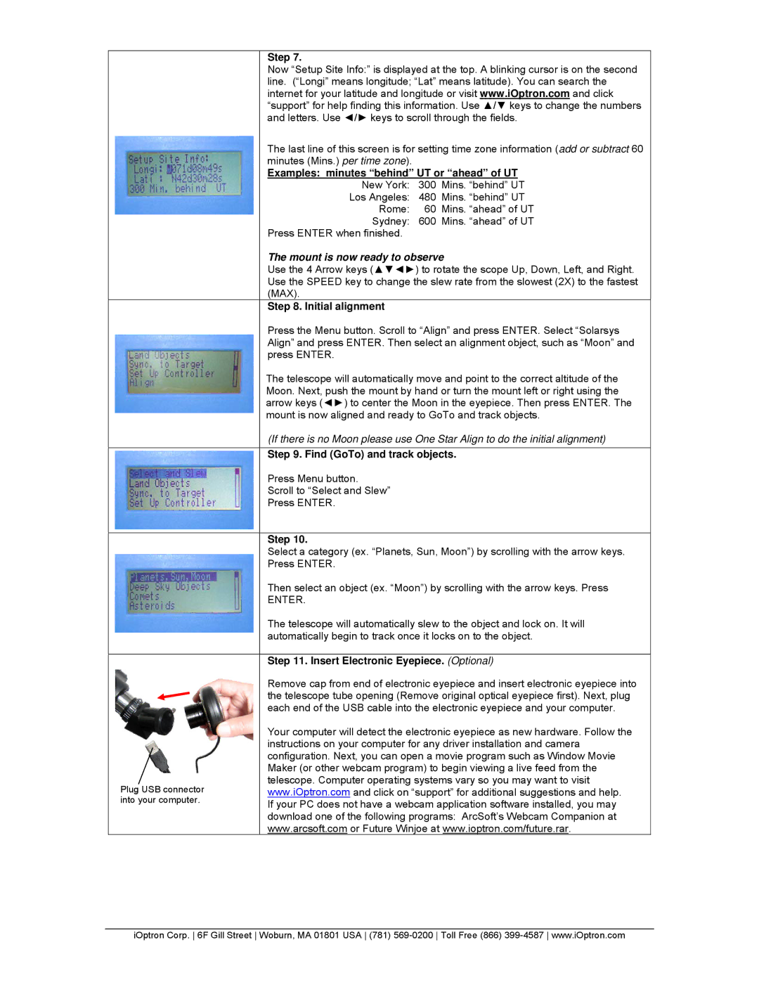 iOptron 70E quick start Examples minutes behind UT or ahead of UT, Initial alignment, Find GoTo and track objects 