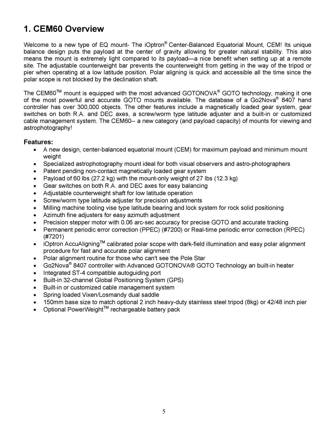 iOptron 7201, 7200 instruction manual CEM60 Overview, Features 