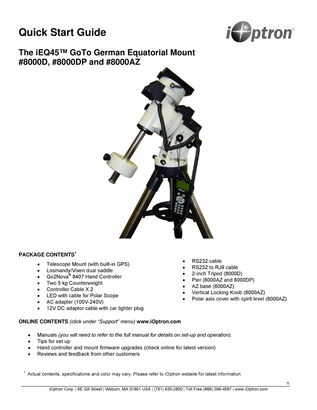 iOptron 8000DP, 8000AZ quick start Quick Start Guide 