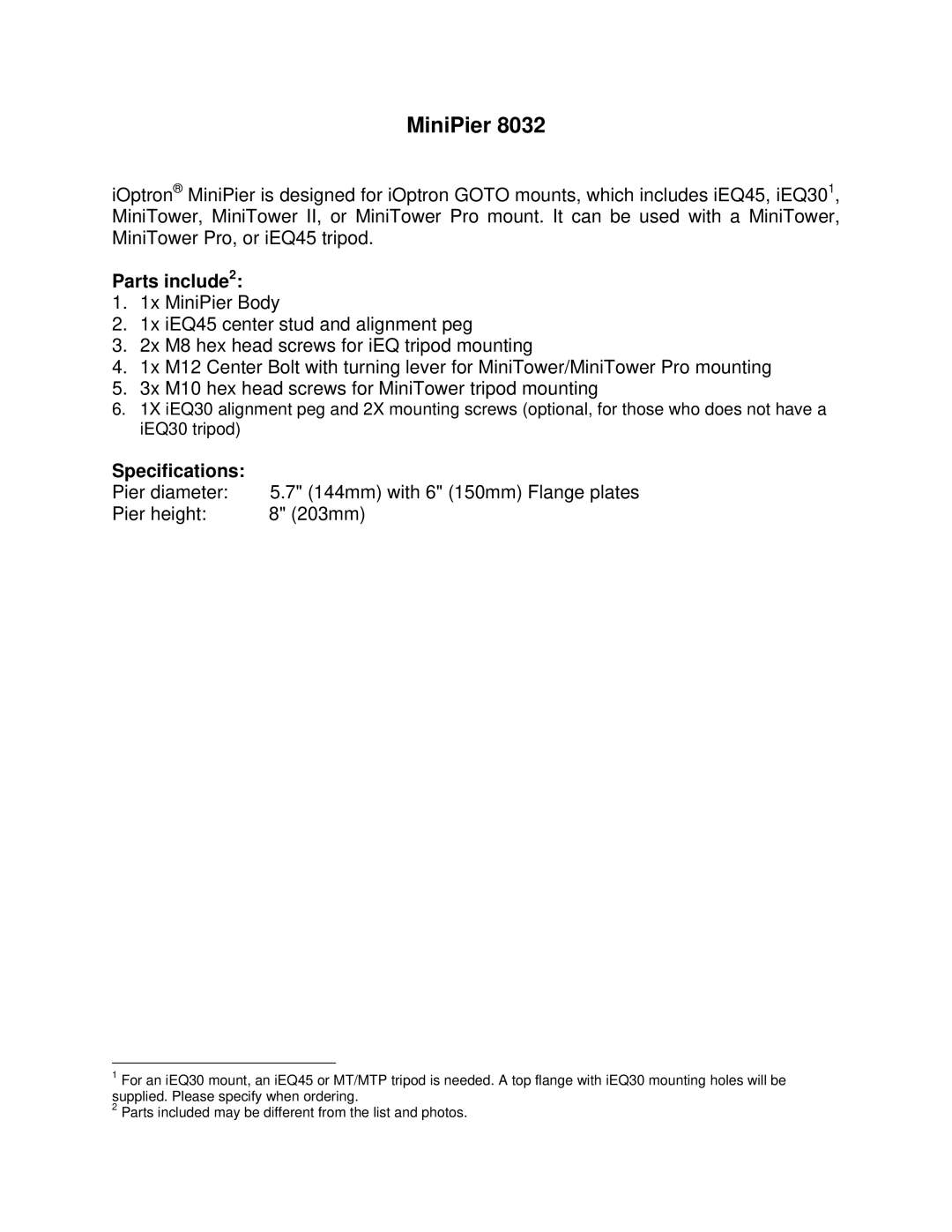 iOptron 8032 instruction manual MiniPier, Parts include2 