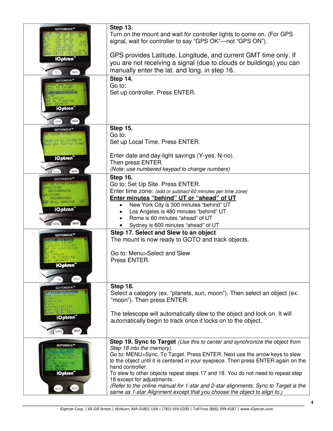 iOptron 8300-2G quick start Enter minutes behind UT or ahead of UT, Select and Slew to an object 