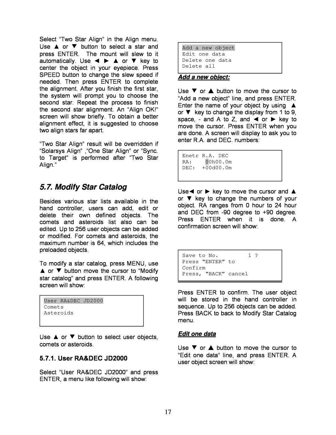 iOptron 8405 instruction manual Modify Star Catalog, User RA&DEC JD2000 