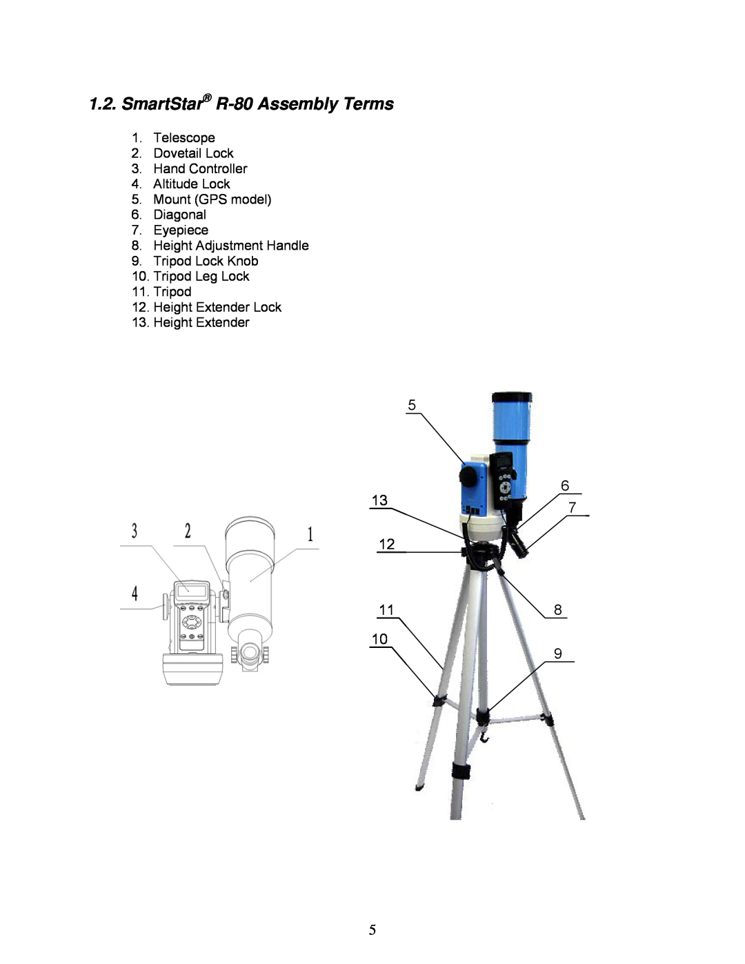iOptron 8405 instruction manual SmartStar R-80Assembly Terms, 5 13 12, 6 7, Telescope 2.Dovetail Lock 3.Hand Controller 