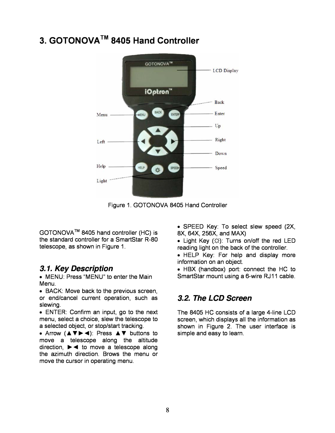 iOptron instruction manual GOTONOVATM 8405 Hand Controller, Key Description, The LCD Screen 