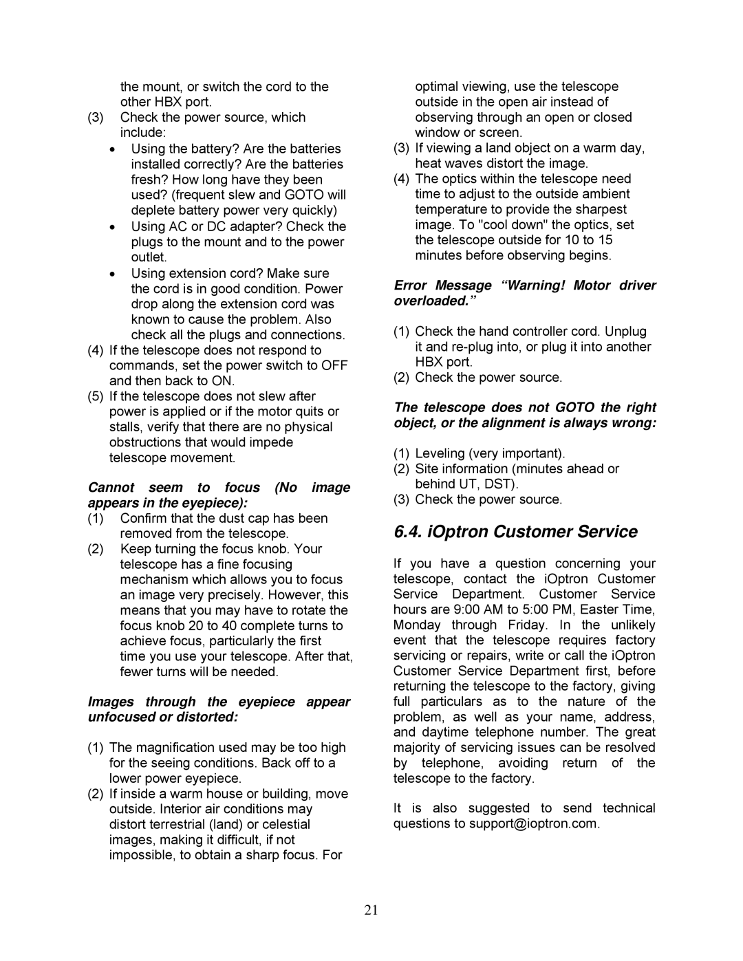 iOptron 8405 instruction manual IOptron Customer Service, Cannot seem to focus No image appears in the eyepiece 