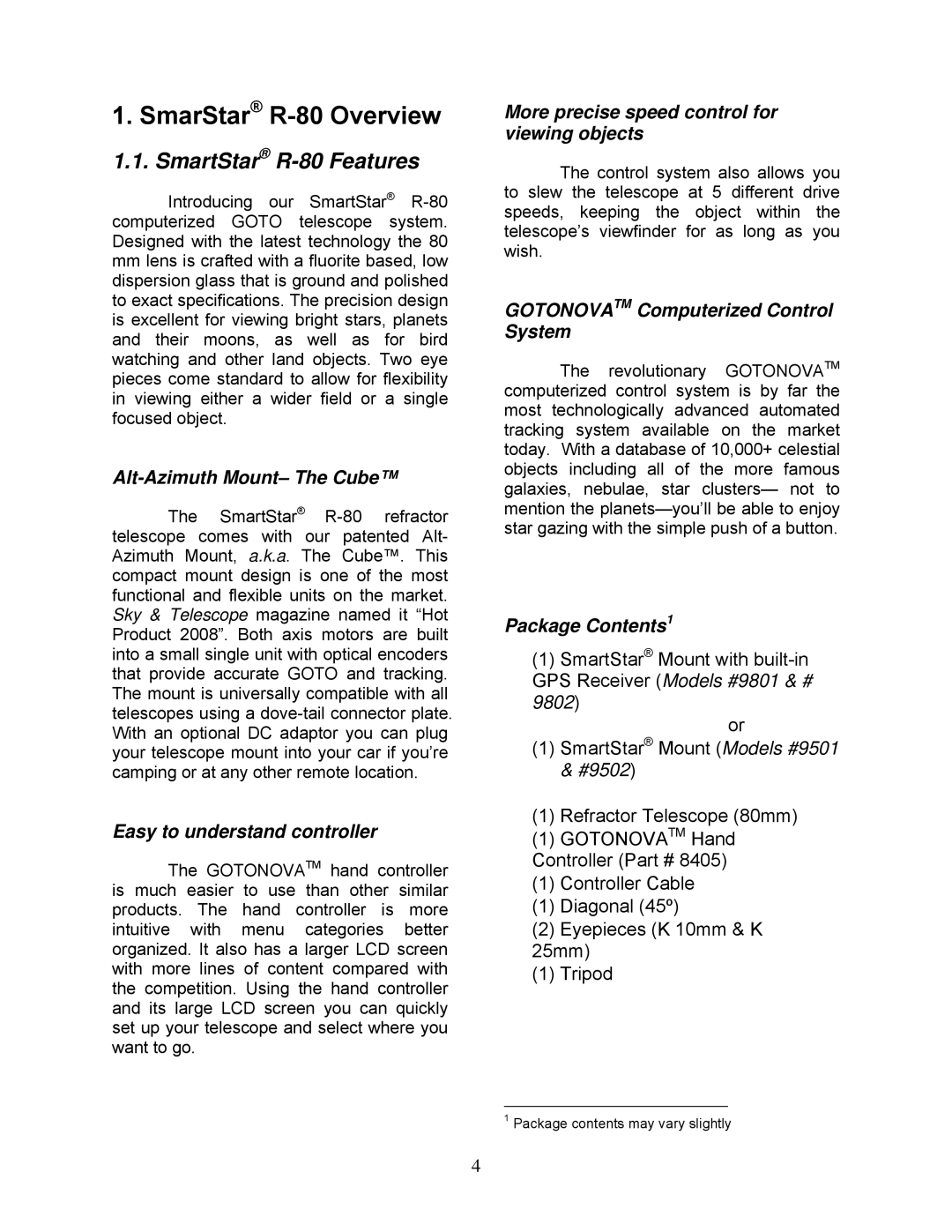 iOptron 8405 instruction manual SmarStar R-80 Overview, SmartStar R-80 Features 