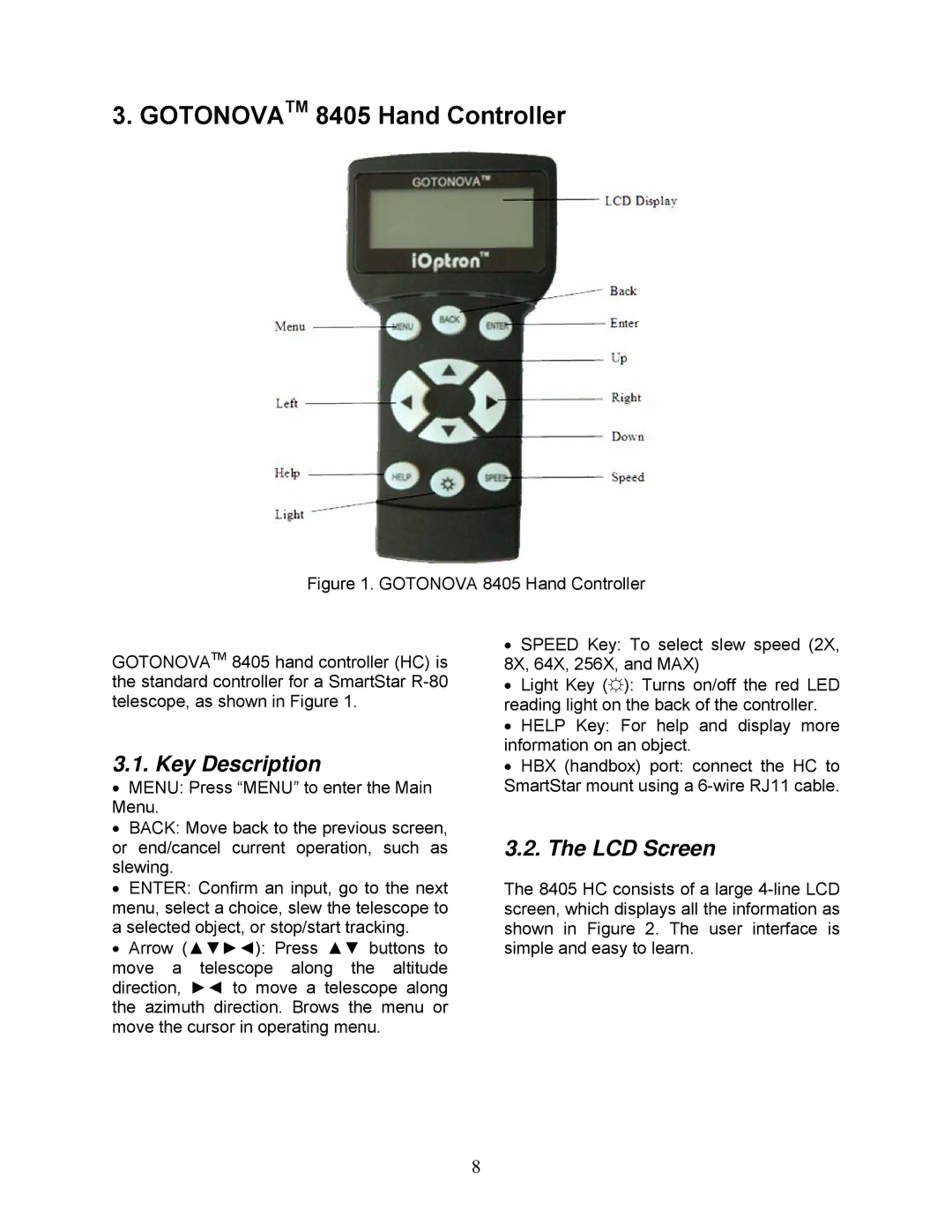 iOptron instruction manual Gotonovatm 8405 Hand Controller, Key Description, LCD Screen 