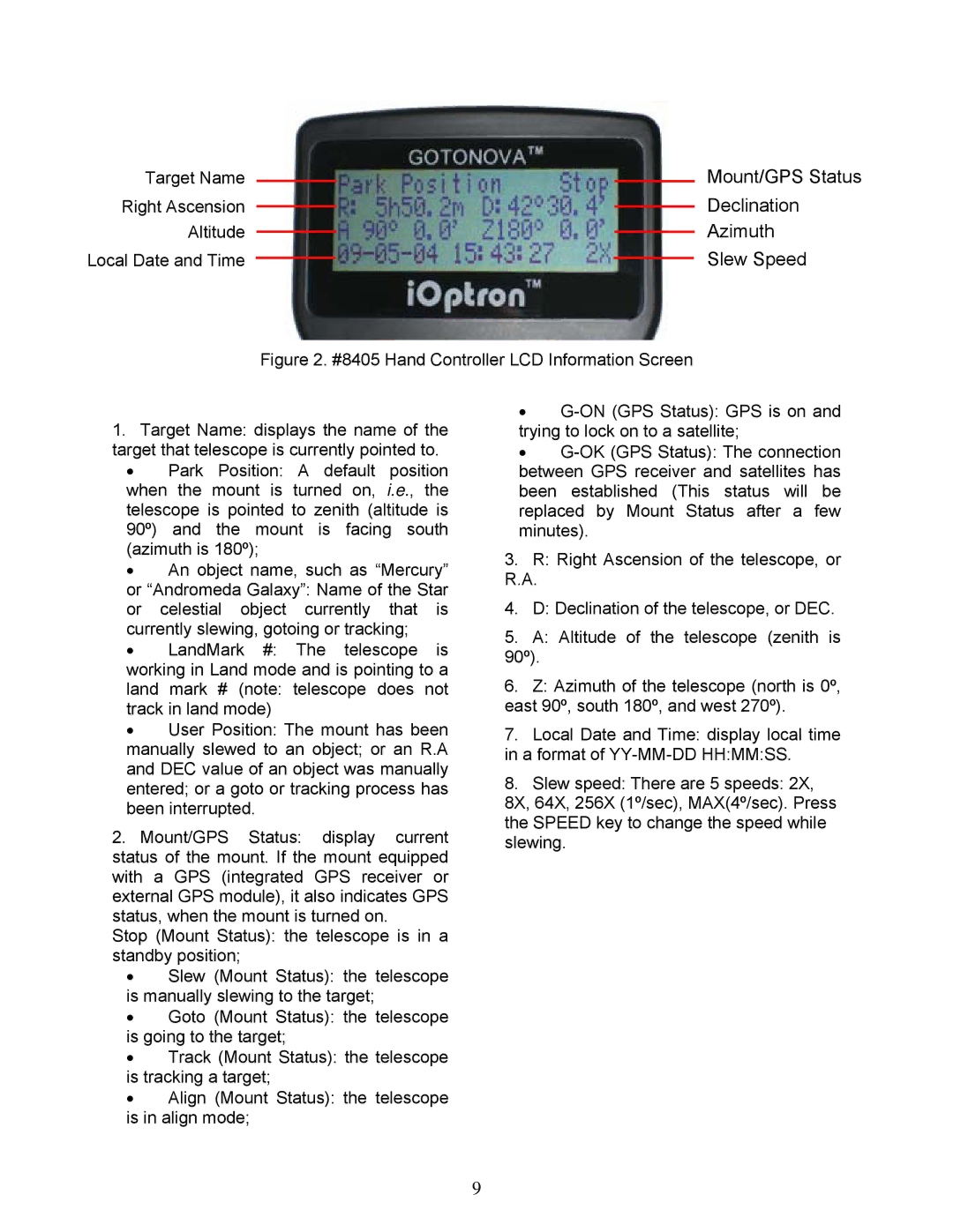 iOptron 8405 instruction manual Mount/GPS Status 