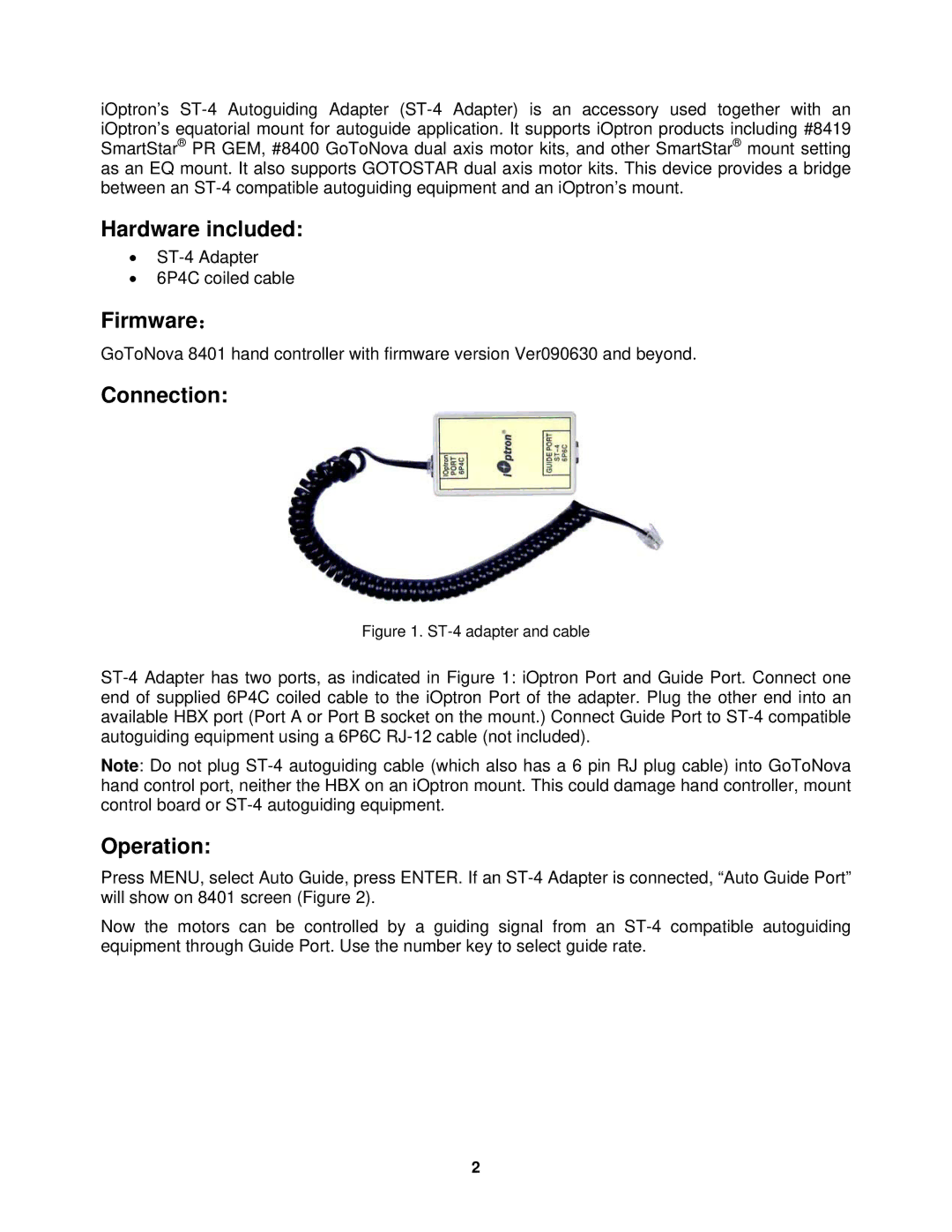 iOptron 8427 instruction manual Hardware included, Firmware：, Connection, Operation 