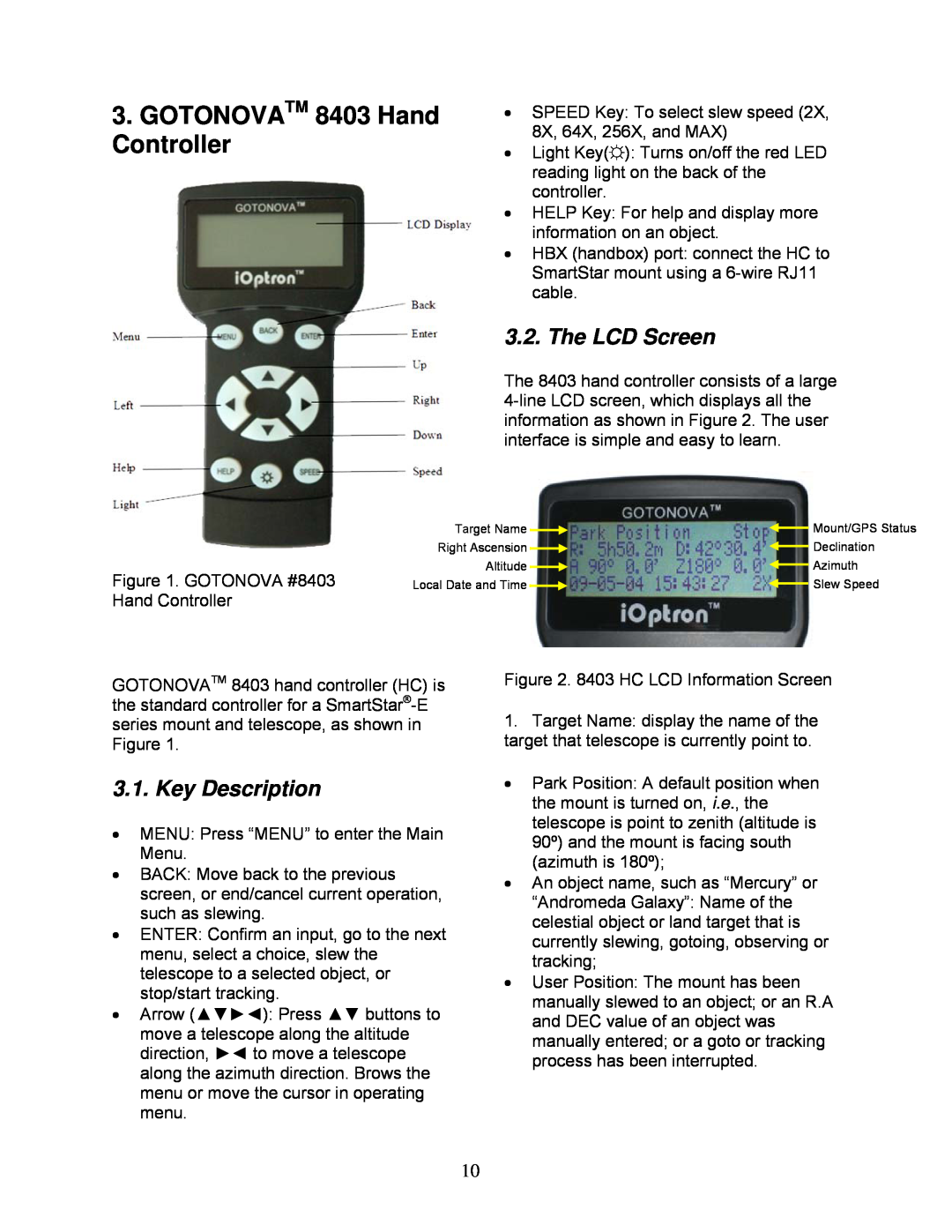 iOptron 8503, 8504, 8502, 8500 instruction manual GOTONOVATM 8403 Hand Controller, The LCD Screen, Key Description 