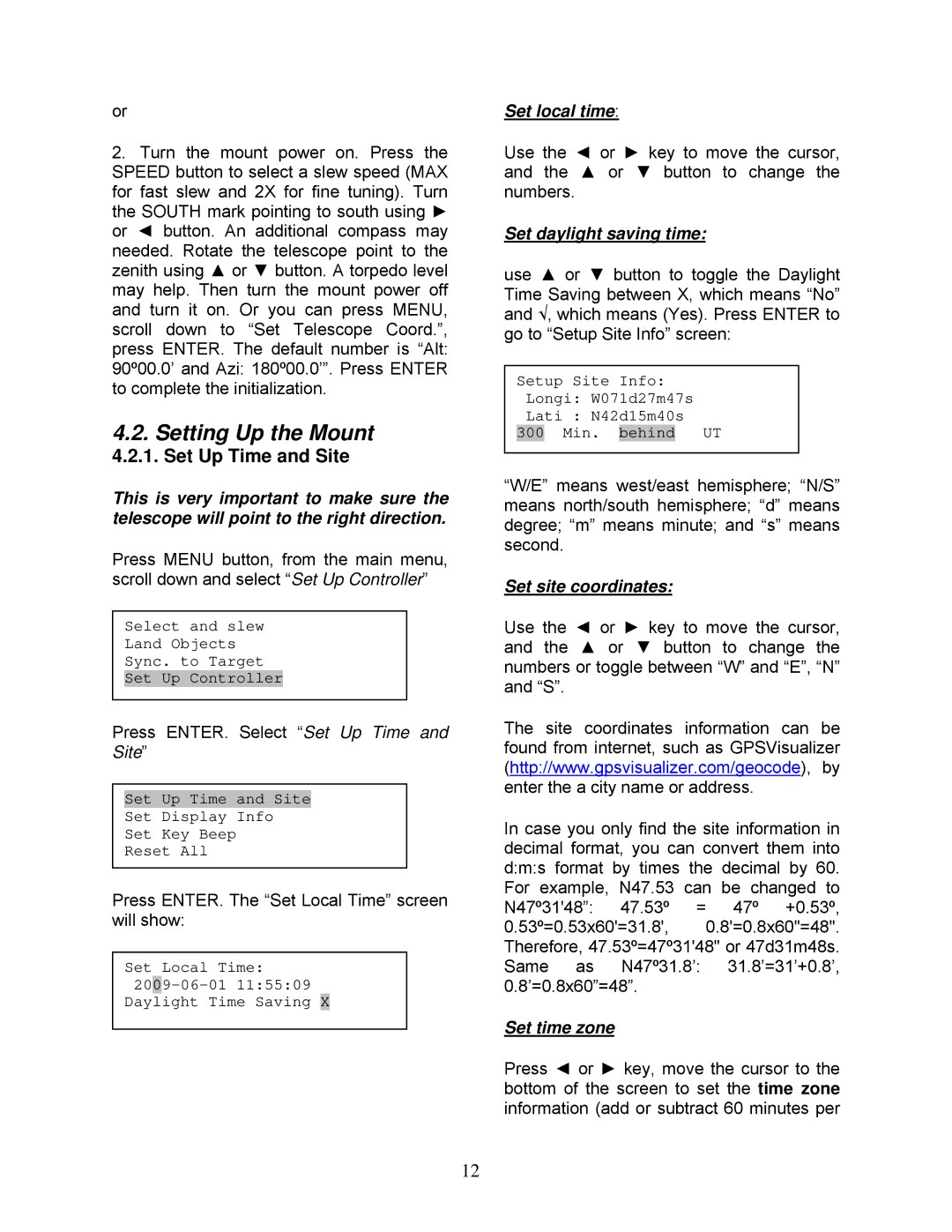 iOptron 8502, 8503, 8504, 8500, 8403 instruction manual Setting Up the Mount, Set Up Time and Site 