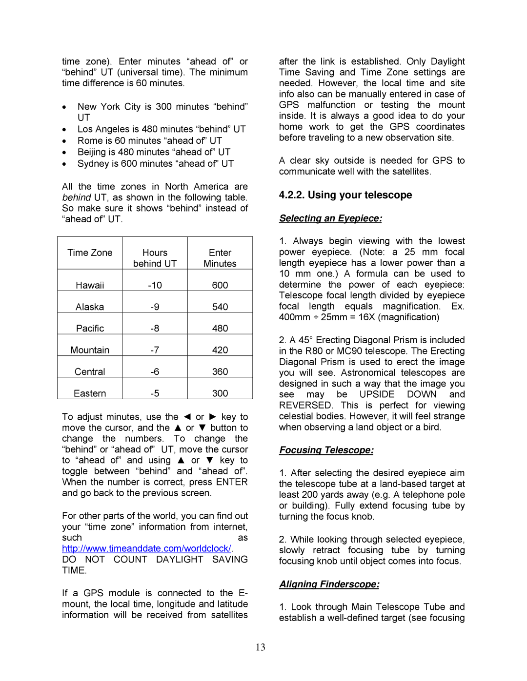 iOptron 8500, 8503, 8504, 8502, 8403 Using your telescope, Selecting an Eyepiece, Focusing Telescope, Aligning Finderscope 