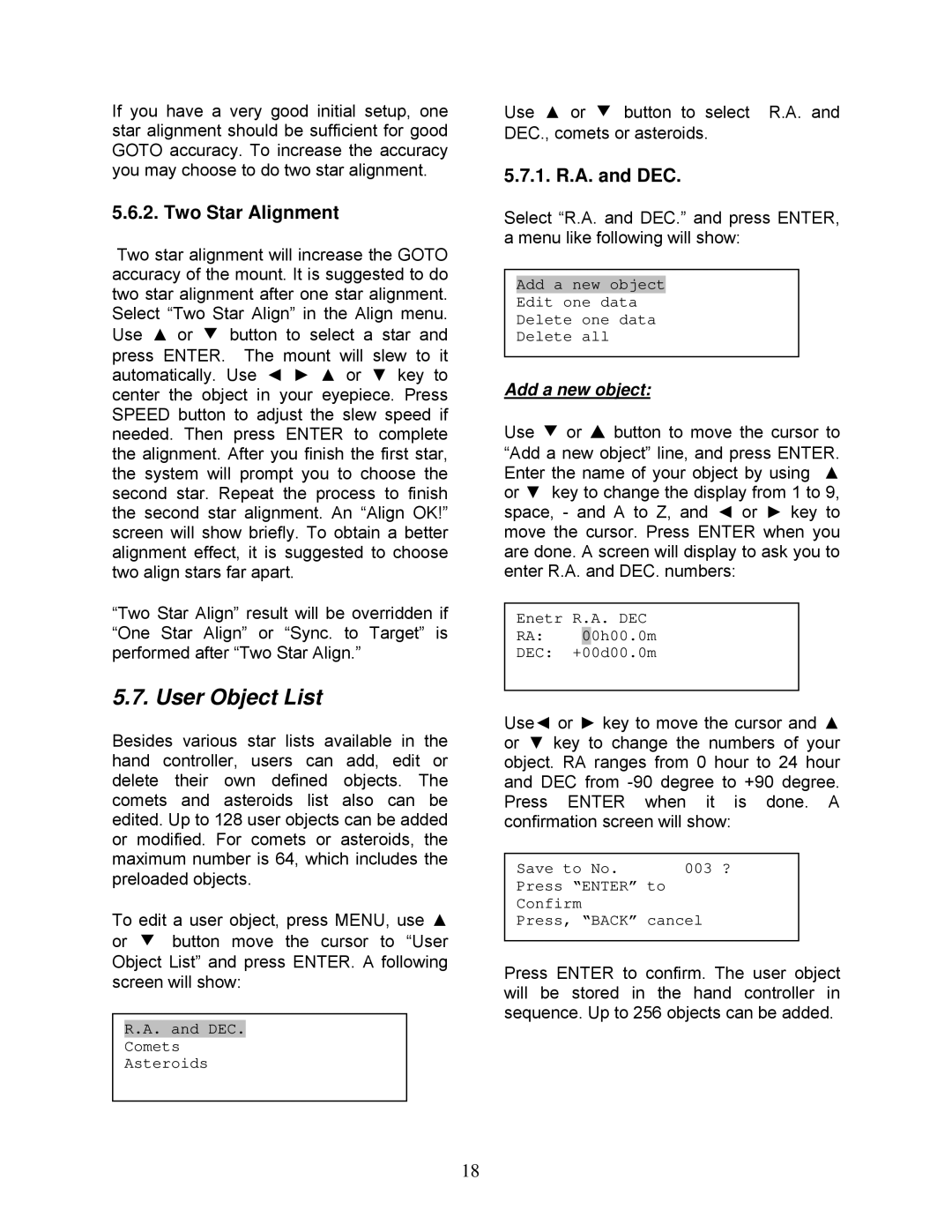 iOptron 8500, 8503, 8504, 8502, 8403 instruction manual User Object List, Two Star Alignment, 1. R.A. and DEC, Add a new object 