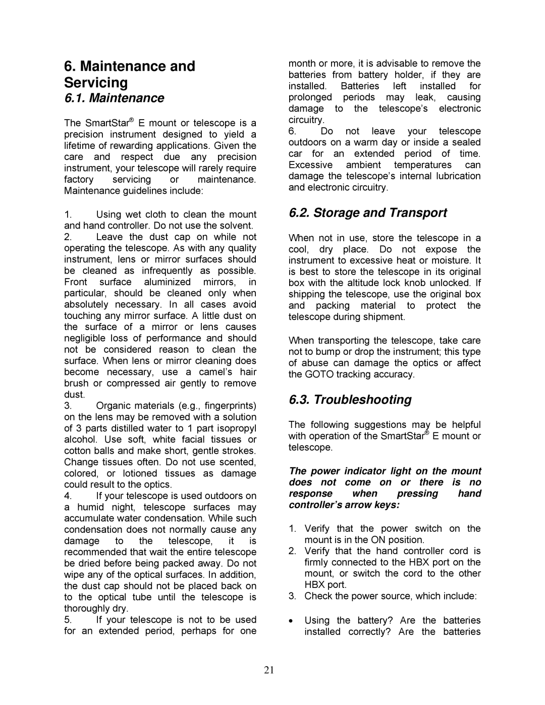 iOptron 8504, 8503, 8502, 8500, 8403 instruction manual Maintenance and Servicing, Storage and Transport, Troubleshooting 