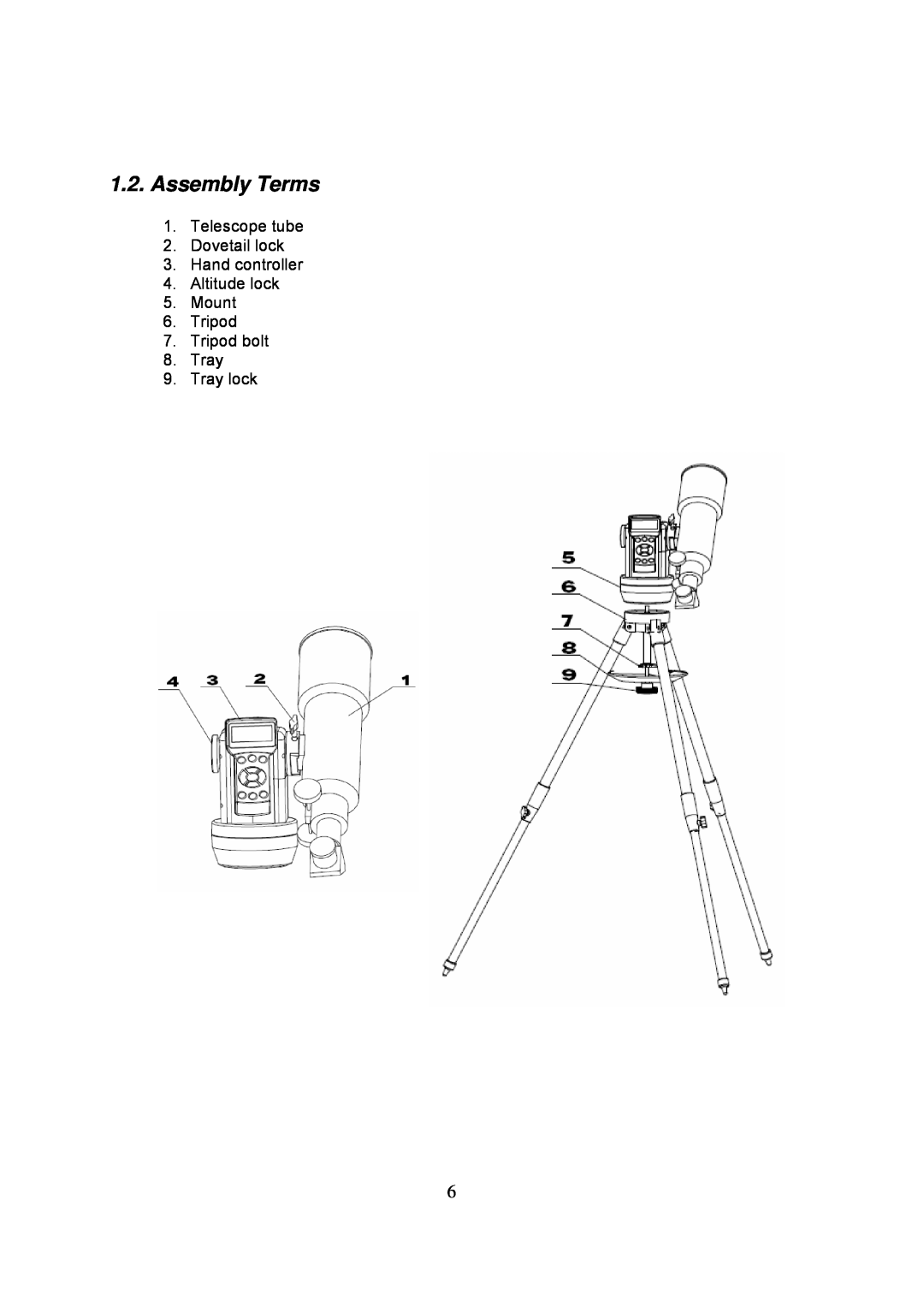 iOptron 8502, 8503, 8504, 8500 Assembly Terms, Telescope tube 2.Dovetail lock, Hand controller 4.Altitude lock 5.Mount 