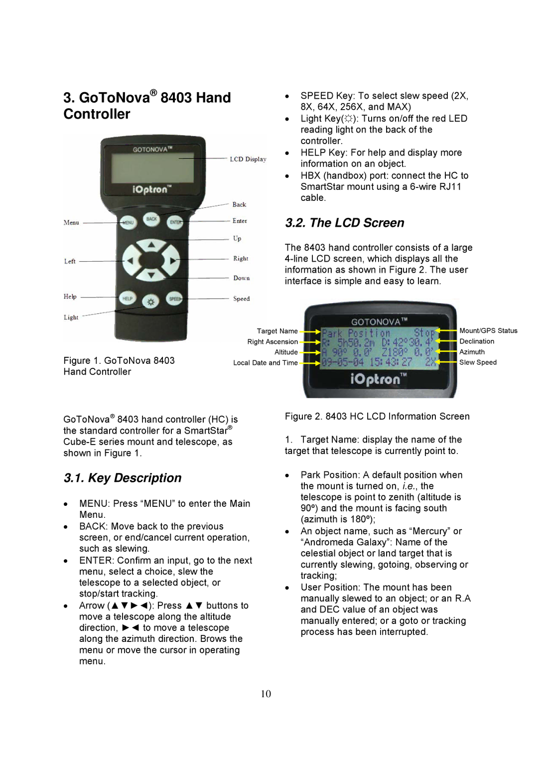 iOptron 8502, 8503, 8504, 8500 instruction manual GoToNova 8403 Hand Controller, LCD Screen, Key Description 