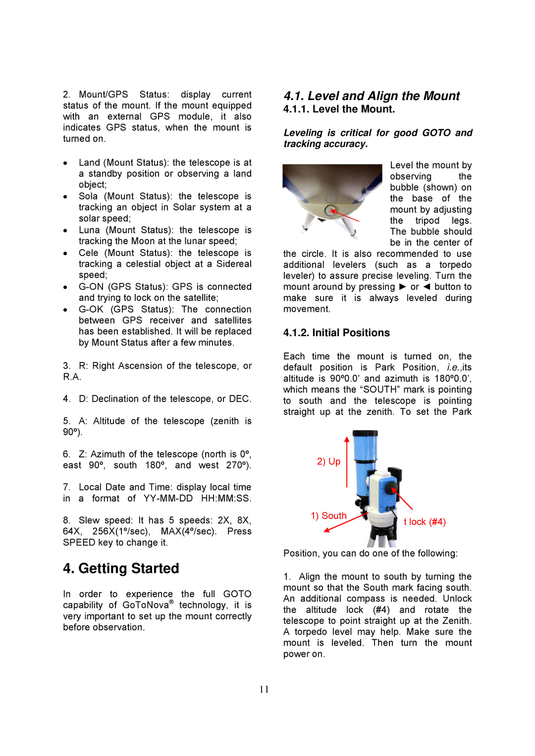 iOptron 8500, 8503, 8504, 8502 Getting Started, Level and Align the Mount, Level the Mount, Initial Positions 