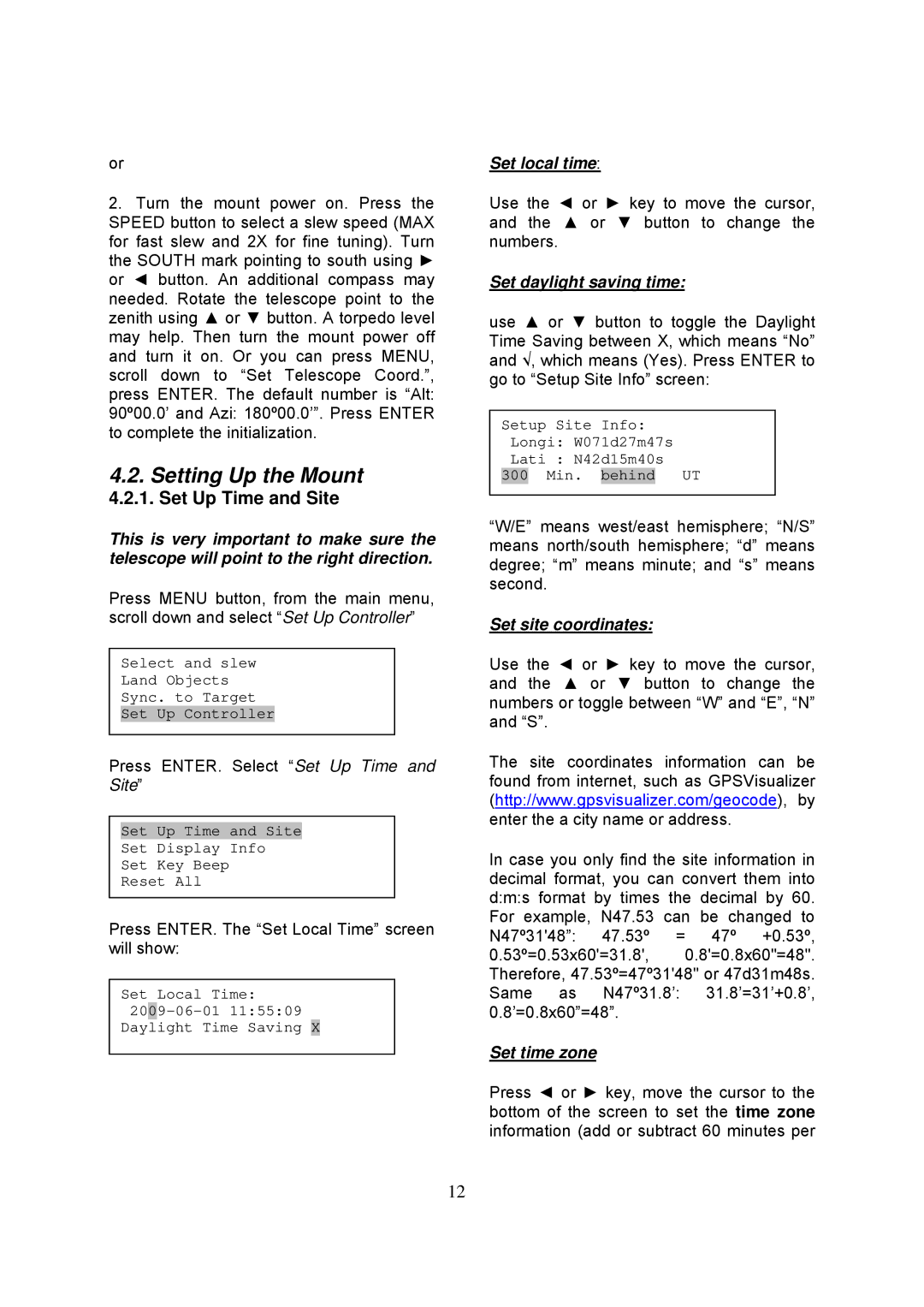 iOptron 8503, 8504, 8502, 8500 instruction manual Setting Up the Mount, Set Up Time and Site 