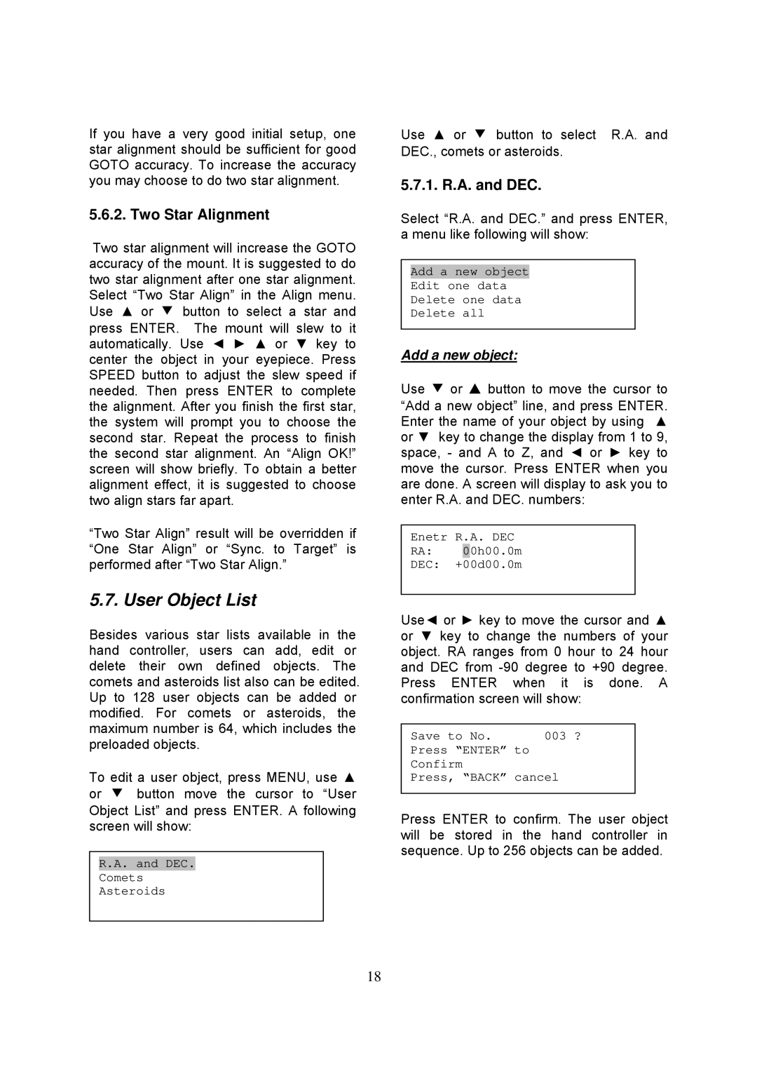 iOptron 8502, 8503, 8504, 8500 instruction manual User Object List, Two Star Alignment, 1. R.A. and DEC, Add a new object 