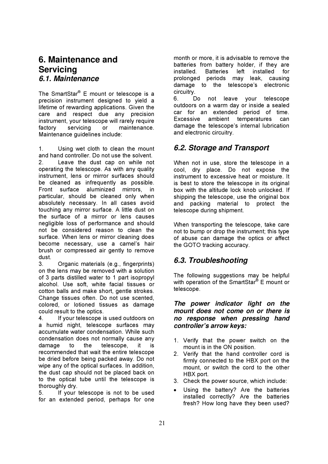 iOptron 8504, 8503, 8502, 8500 instruction manual Maintenance and Servicing, Storage and Transport, Troubleshooting 