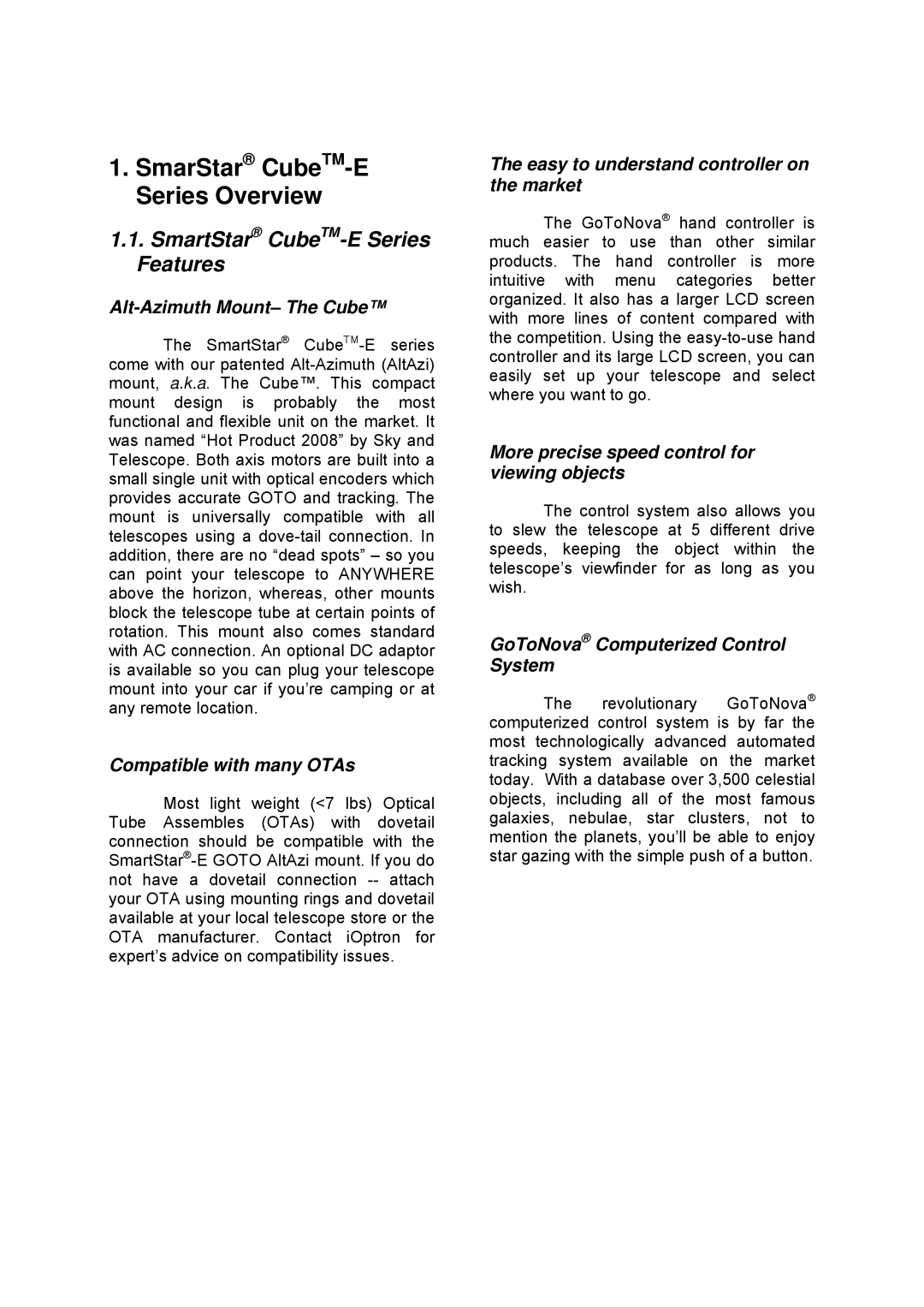 iOptron 8503, 8504, 8502, 8500 instruction manual SmarStar CubeTM-E Series Overview, SmartStar CubeTM-E Series Features 