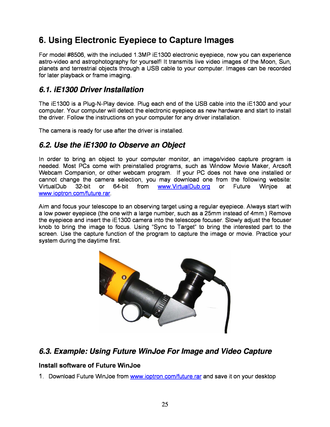 iOptron 8507, 8506 instruction manual Using Electronic Eyepiece to Capture Images, 6.1. iE1300 Driver Installation 