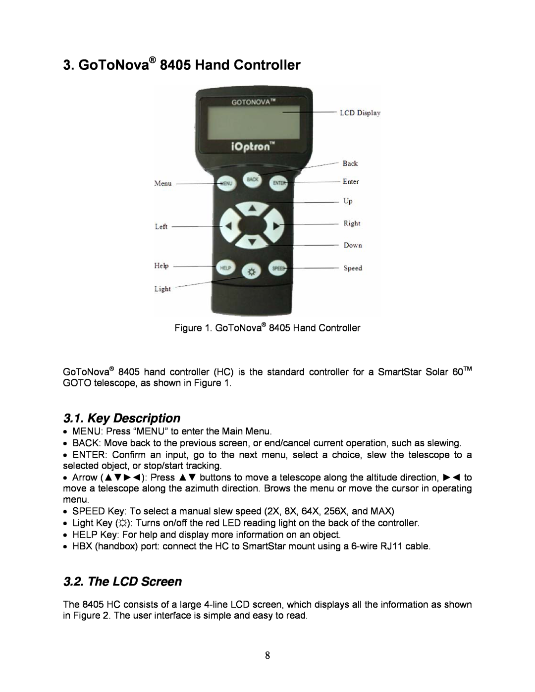 iOptron 8506, 8507 instruction manual GoToNova 8405 Hand Controller, Key Description, The LCD Screen 