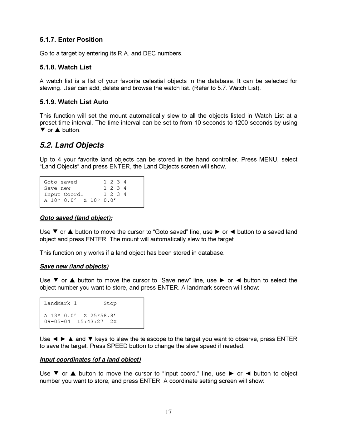 iOptron 8507, 8506 instruction manual Land Objects, Enter Position, Watch List Auto 