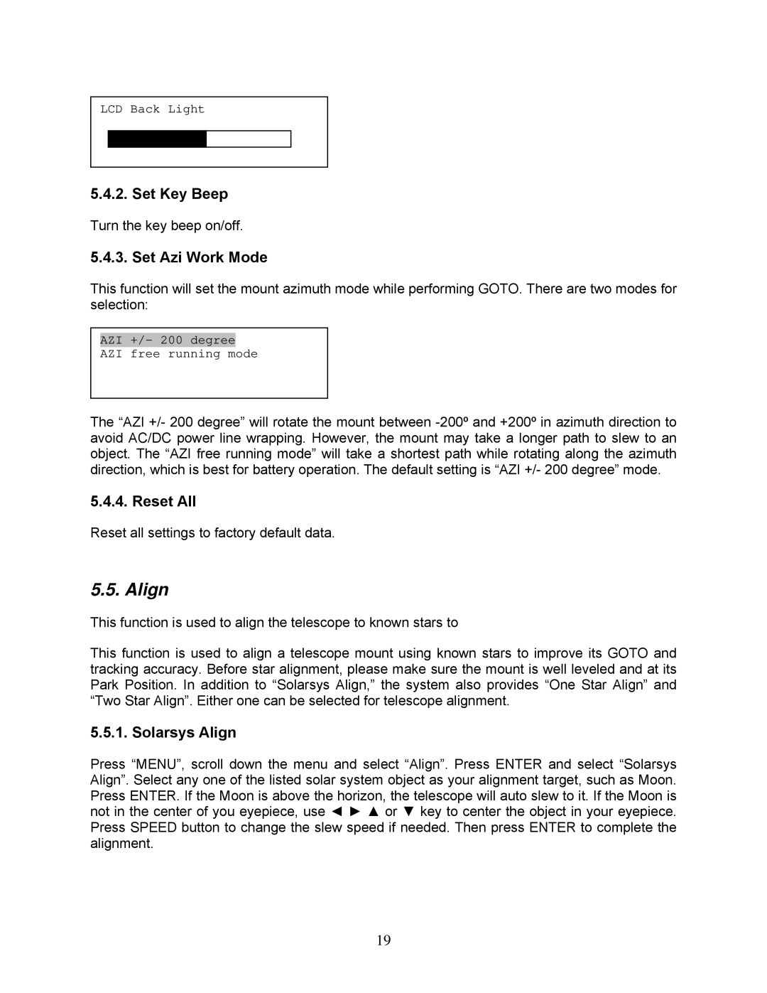 iOptron 8507, 8506 instruction manual Set Key Beep, Set Azi Work Mode, Reset All, Solarsys Align 
