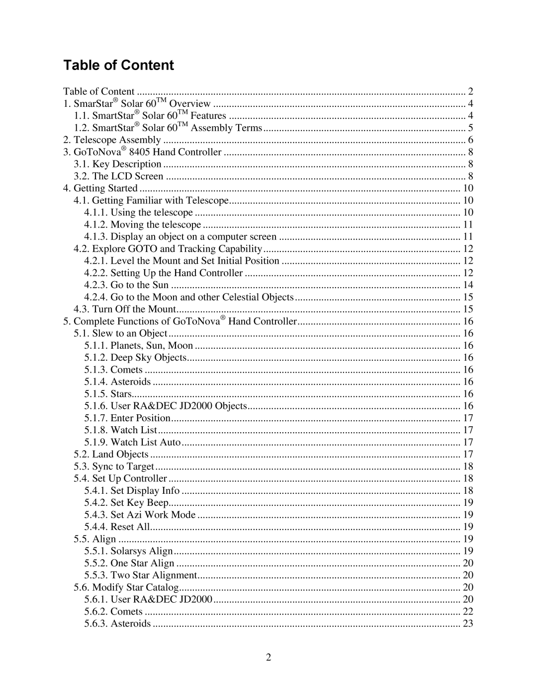 iOptron 8506, 8507 instruction manual Table of Content 