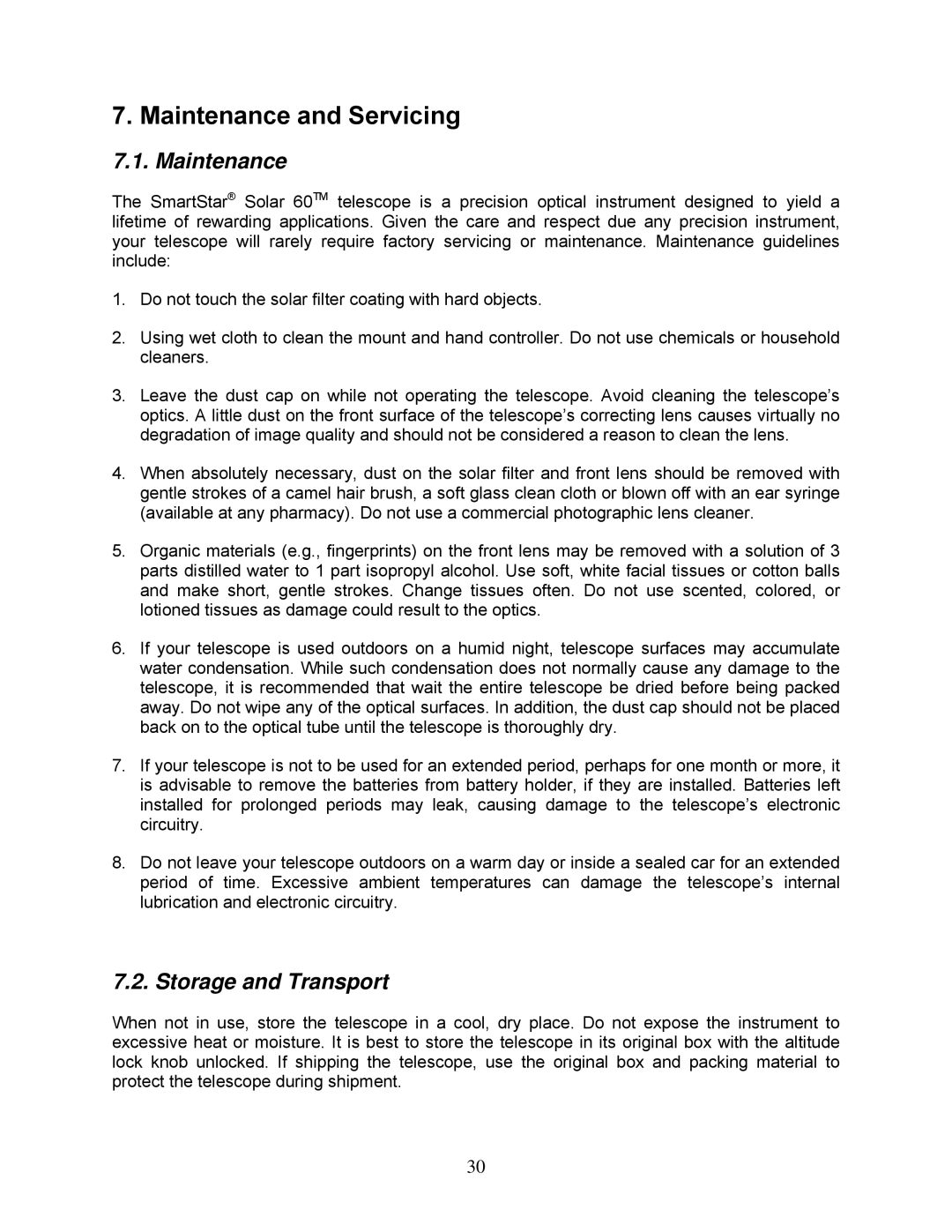 iOptron 8506, 8507 instruction manual Maintenance and Servicing, Storage and Transport 